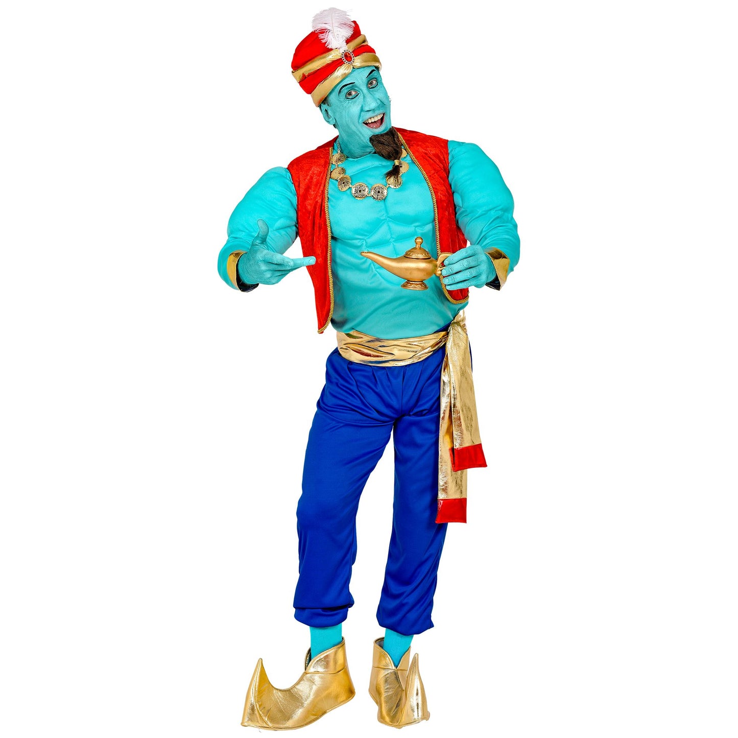 "MAGISCHER GENIE" (Muskelhemd, Weste, Hose, Schärpe, Schuhüberzieher, Turban) – Vorderansicht