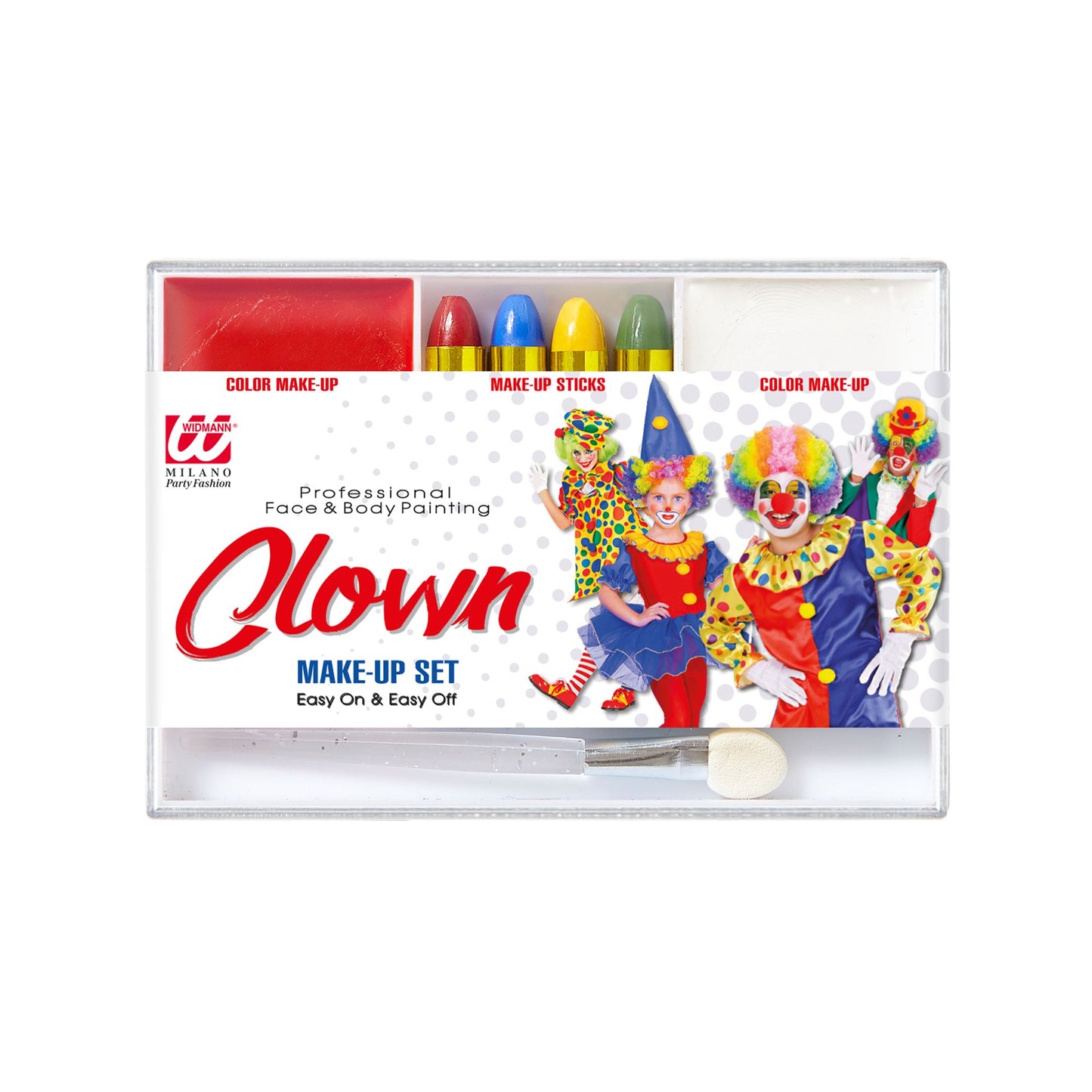 "MAKE UP SET CLOWN" (4 Schminkstifte, rotes und weißes Make Up in Schale, Pinsel) - Farben in Schale: 12 g, Schminkstifte: 8 g – Vorderansicht