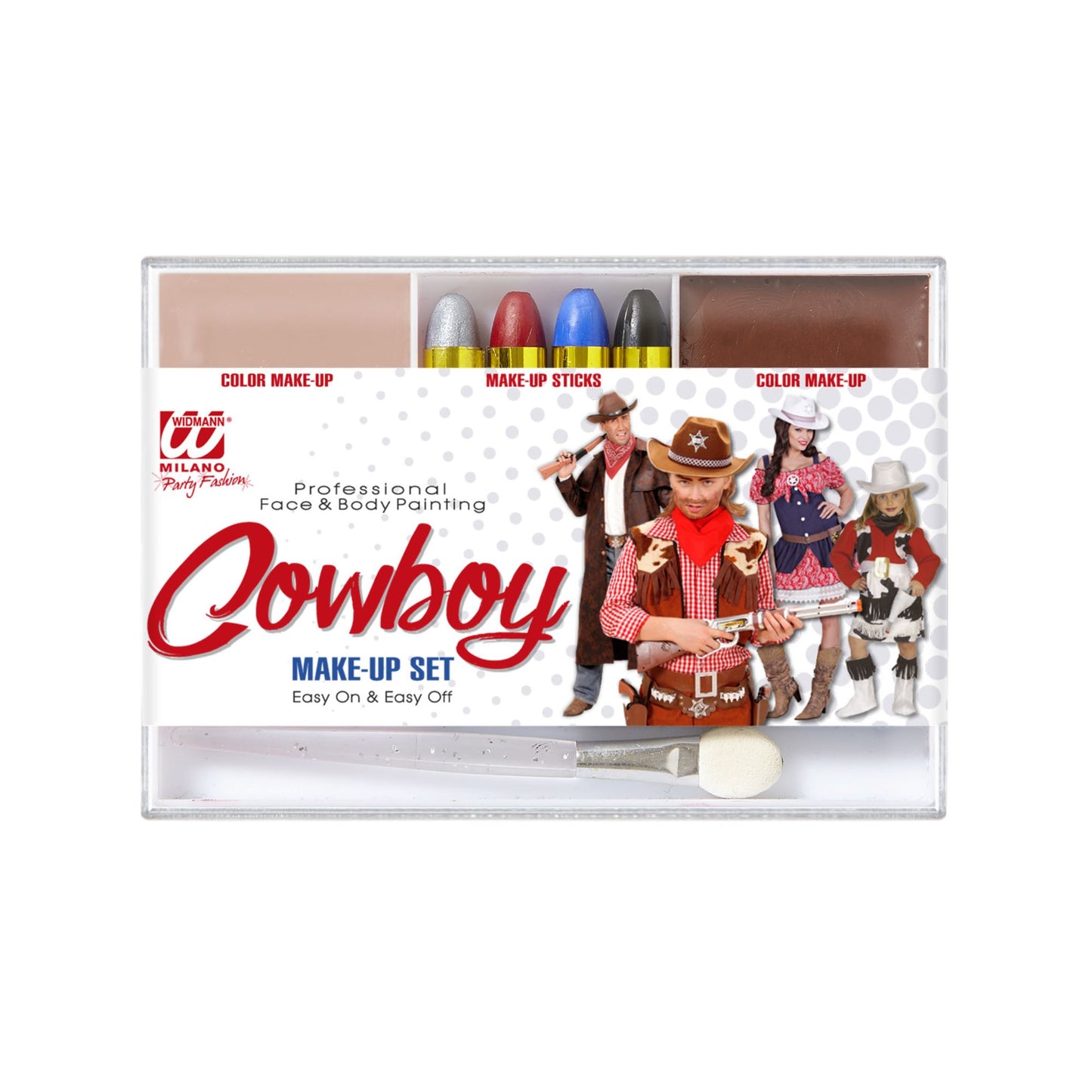 "MAKE UP SET COWBOY" (4 Schminkstifte, hautfarbenes und braunes Makeup in Schale, Pinsel) - Farben in Schale: 12 g, Schminkstifte: 8 g – Vorderansicht