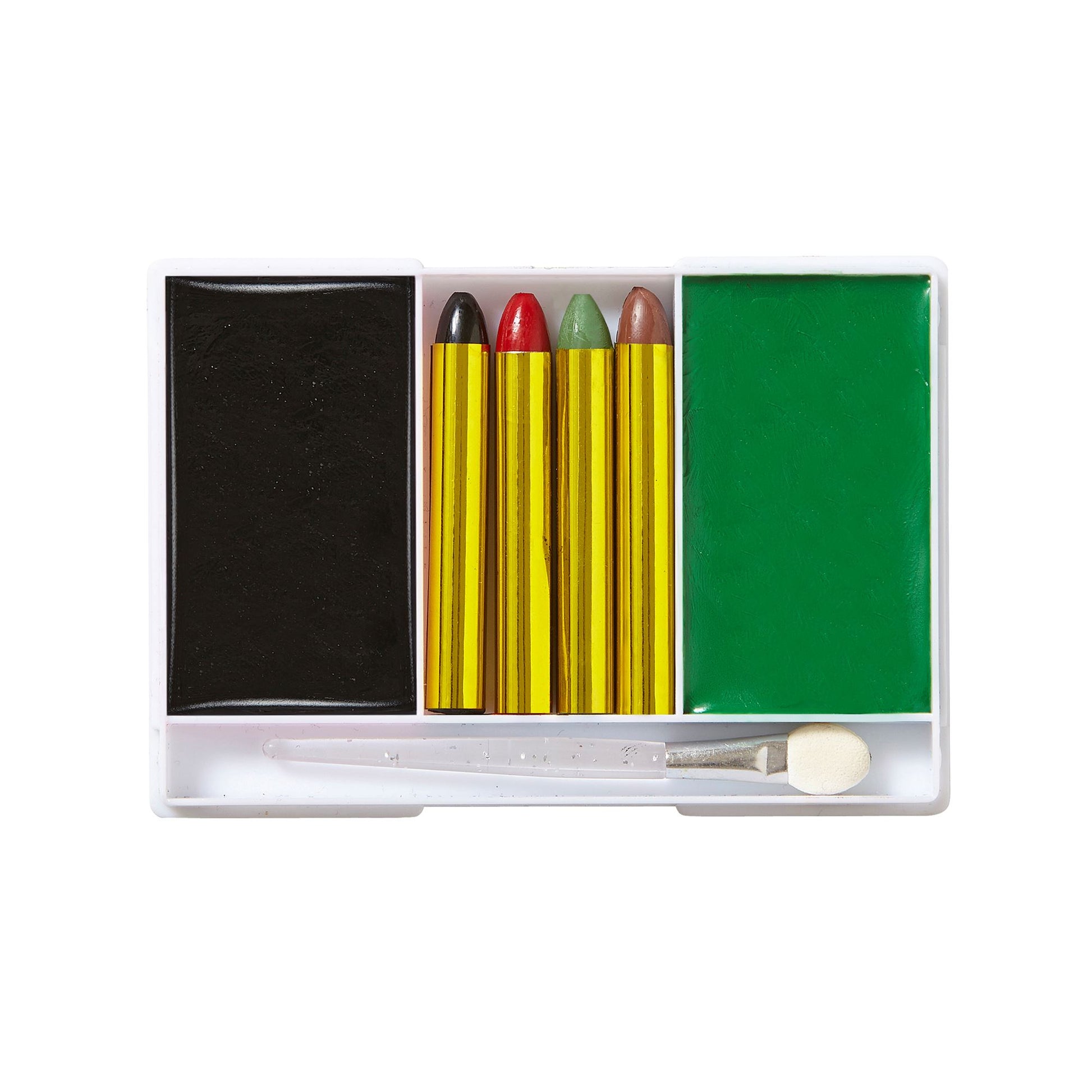 "MAKE UP SET HEXE" (4 Schminkstifte, schwarzes und grünes Make Up in Schale, Pinsel) - Farben in Schale: 12 g, Schminkstifte: 8 g – Detailansicht