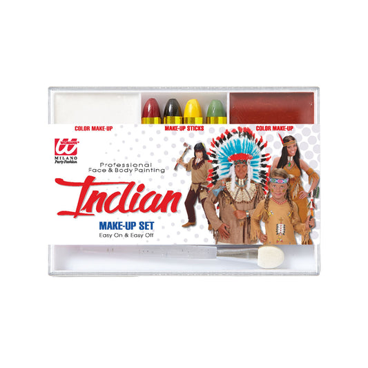 "MAKE UP SET INDIANER" (4 Schminkstifte, weinrotes und weißes Make up in Schale, Pinsel) - Farben in Schale: 12 g, Schminkstifte: 8 g – Vorderansicht