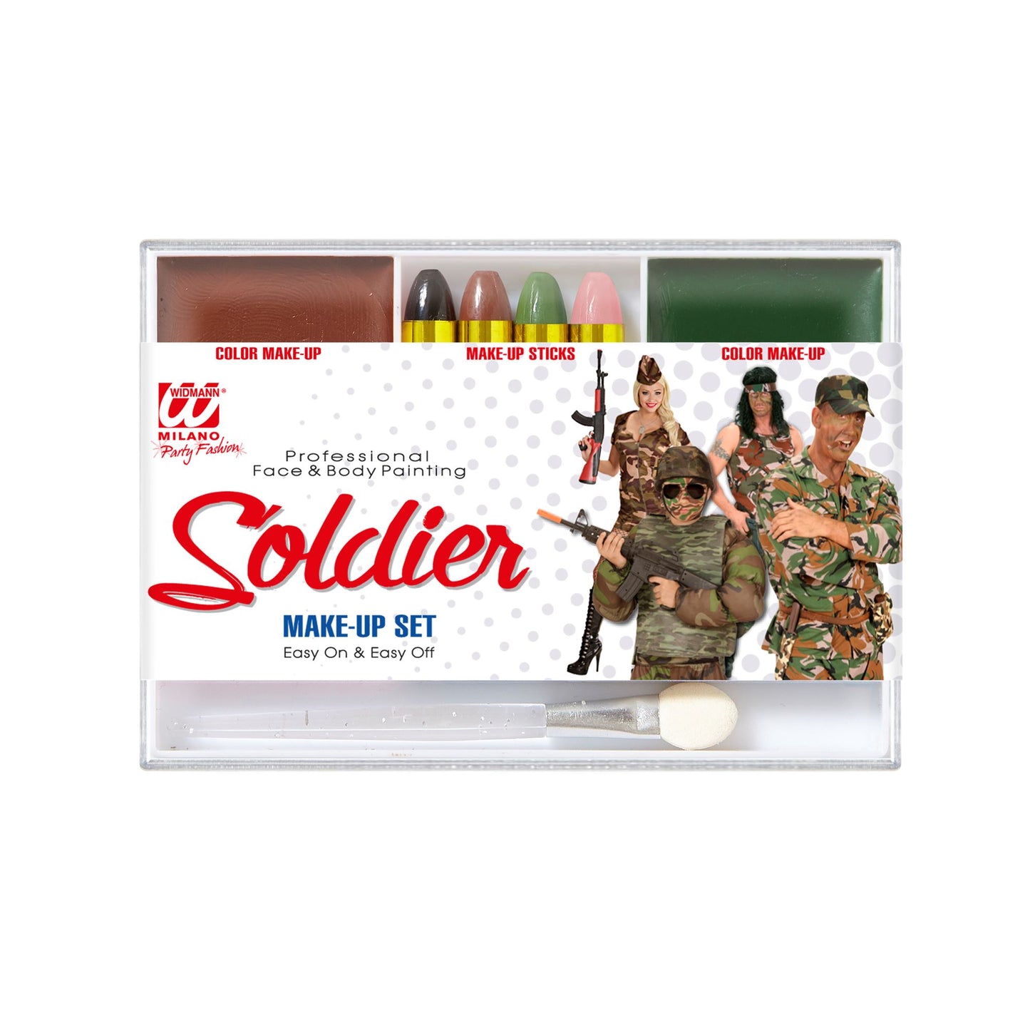 "MAKE UP SET SOLDAT" (4 Schminkstifte, braunes und grünes Make up inSchale, Pinsel) - Farben in Schale: 12 g, Schminkstifte: 8 g – Vorderansicht