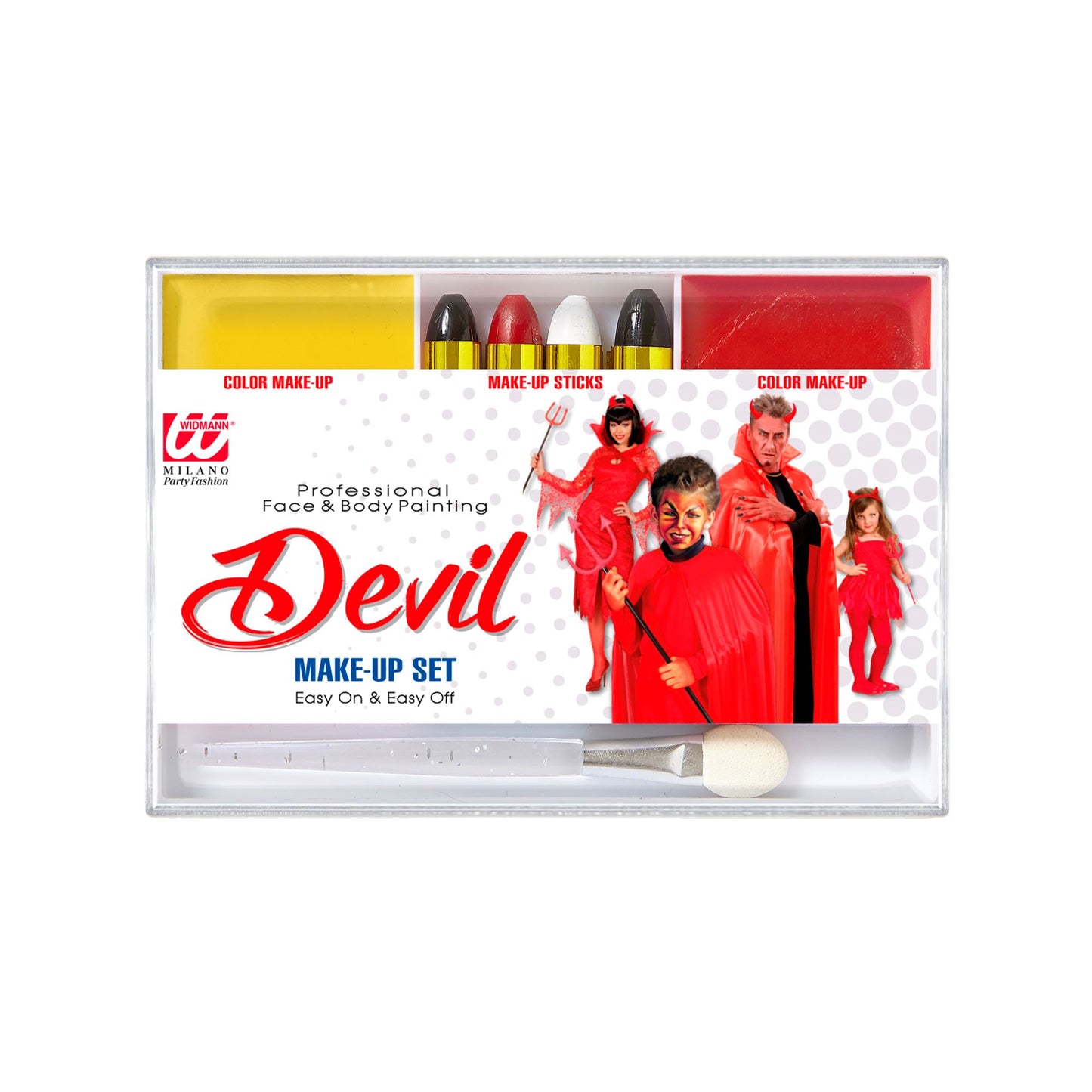 "MAKE UP SET TEUFEL" (4 Schminkstifte, gelbes und rotes Make Up in Schale, Pinsel) - Farben in Schale: 12 g, Schminkstifte: 8 g – Vorderansicht