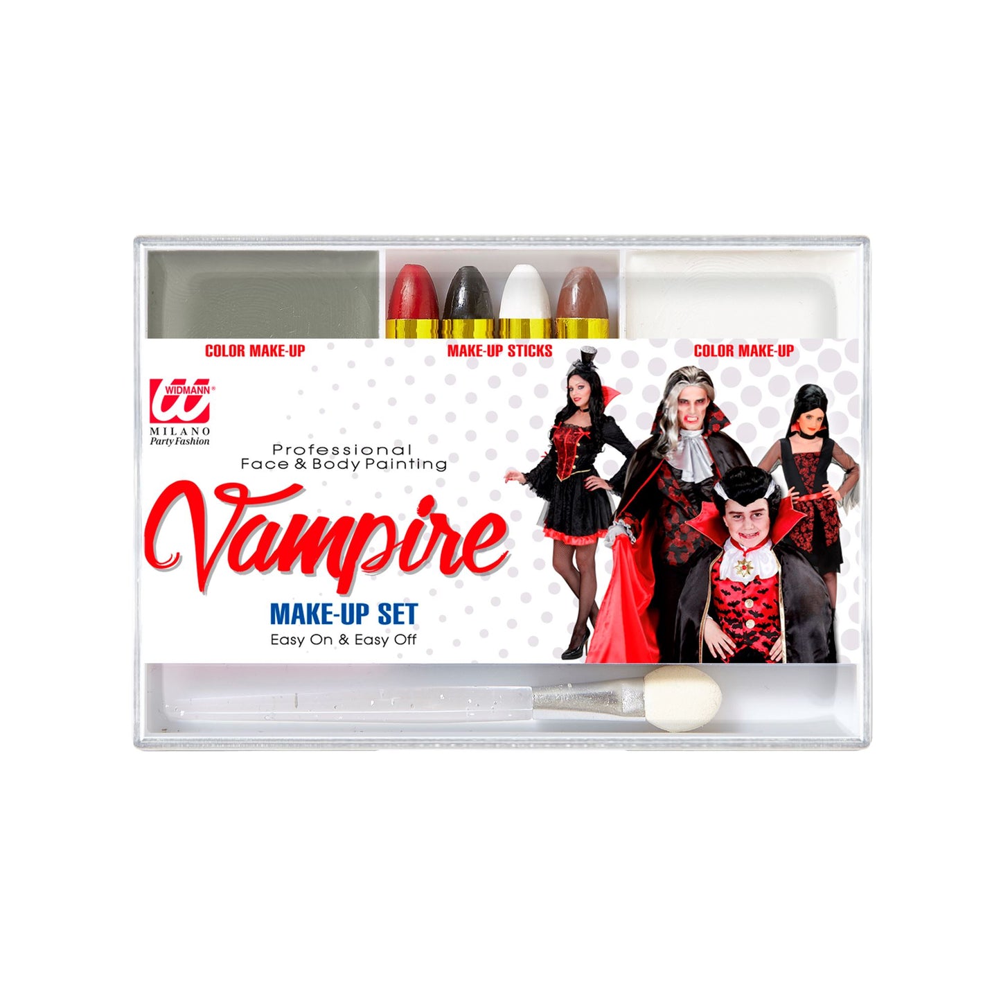 "MAKE UP SET VAMPIR" (4 Schminkstifte, graues und weißes Make Up in Schale, Pinsel) - Farben in Schale: 12 g, Schminkstifte: 8 g – Vorderansicht