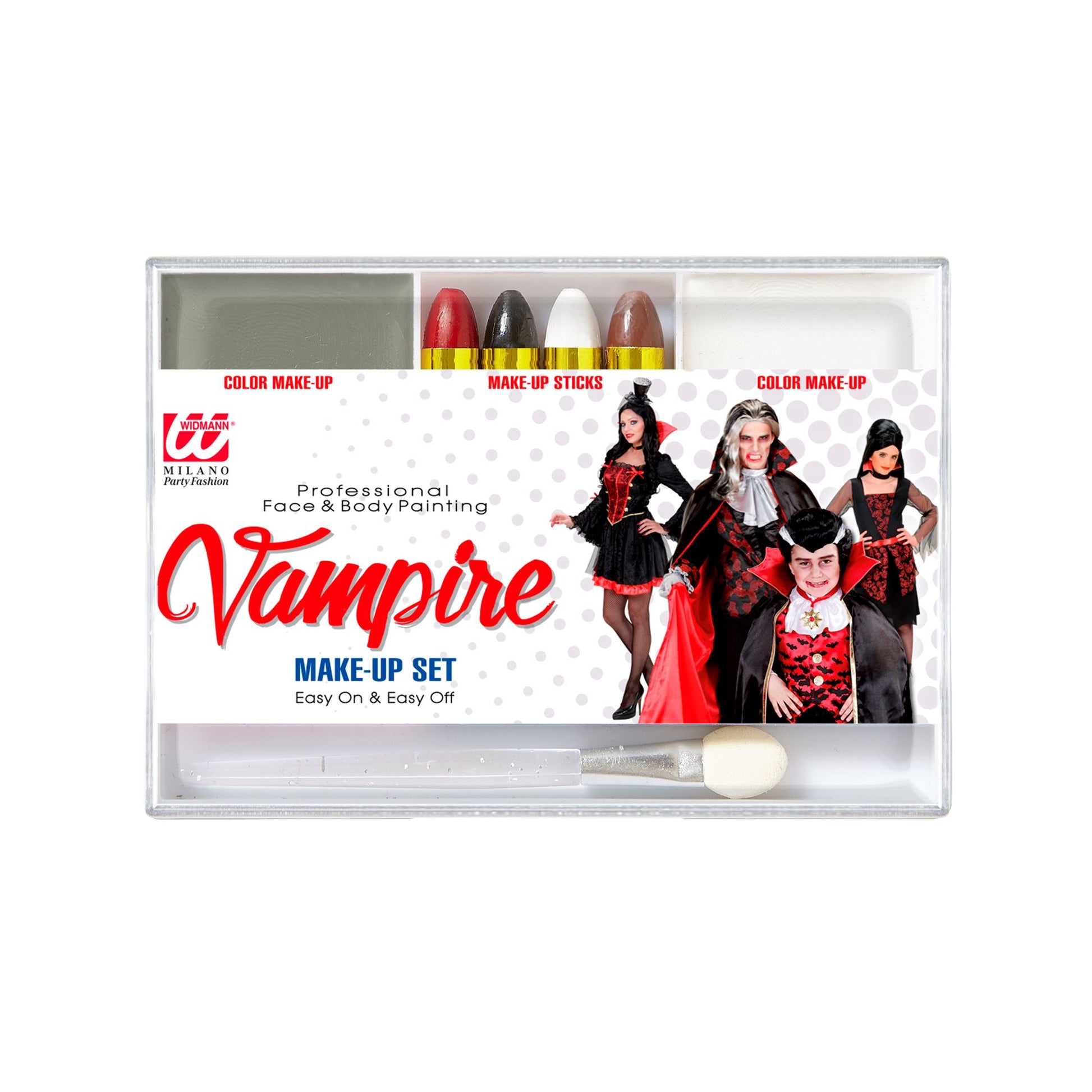 "MAKE UP SET VAMPIR" (4 Schminkstifte, graues und weißes Make Up in Schale, Pinsel) - Farben in Schale: 12 g, Schminkstifte: 8 g – Vorderansicht