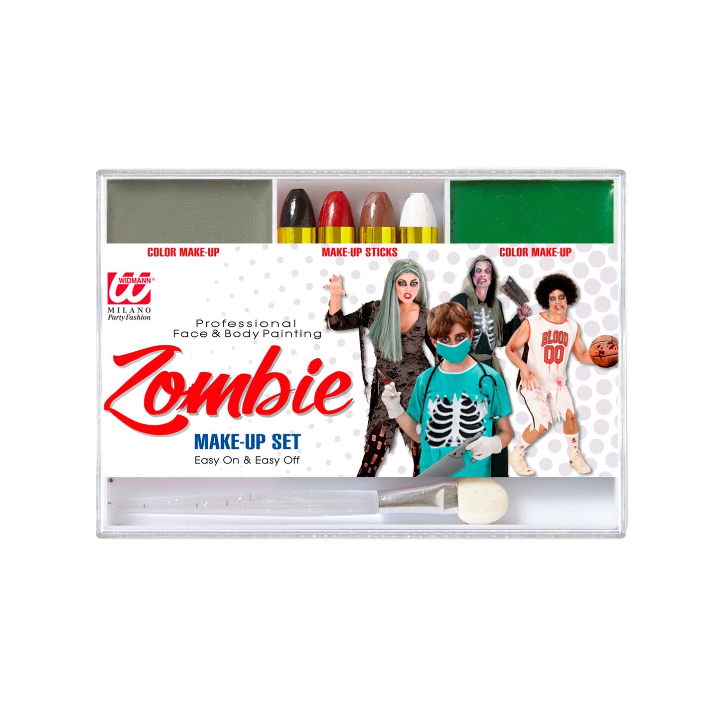 "MAKE UP SET ZOMBIE" (4 Schminkstifte, graues und grünes Make Up in Schale, Pinsel) - Farben in Schale: 12 g, Schminkstifte: 8 g – Vorderansicht