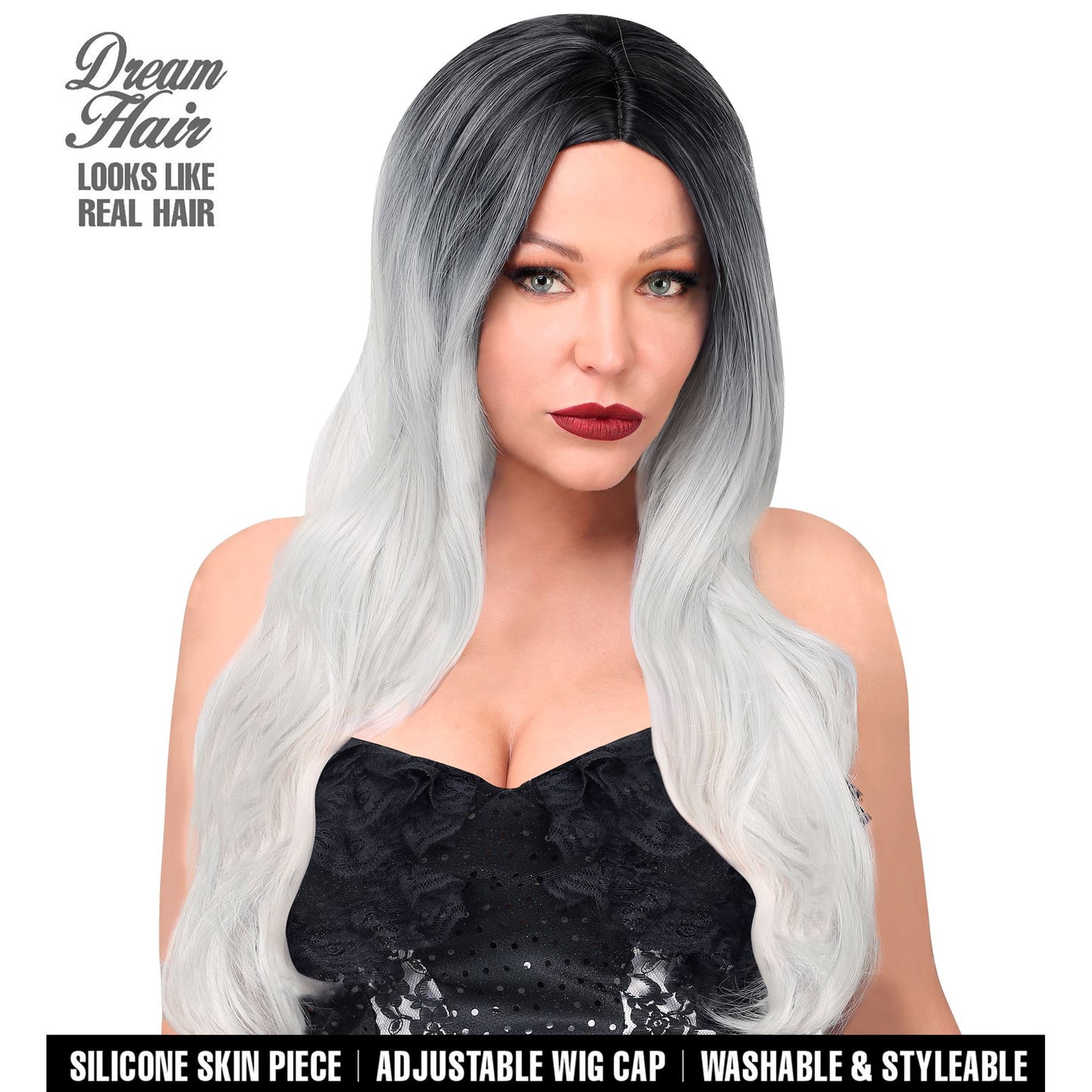 "MALIKA DREAM HAIR PERÜCKE" (mit hochwertiger Silikonhaut) in farbiger Box – Vorderansicht