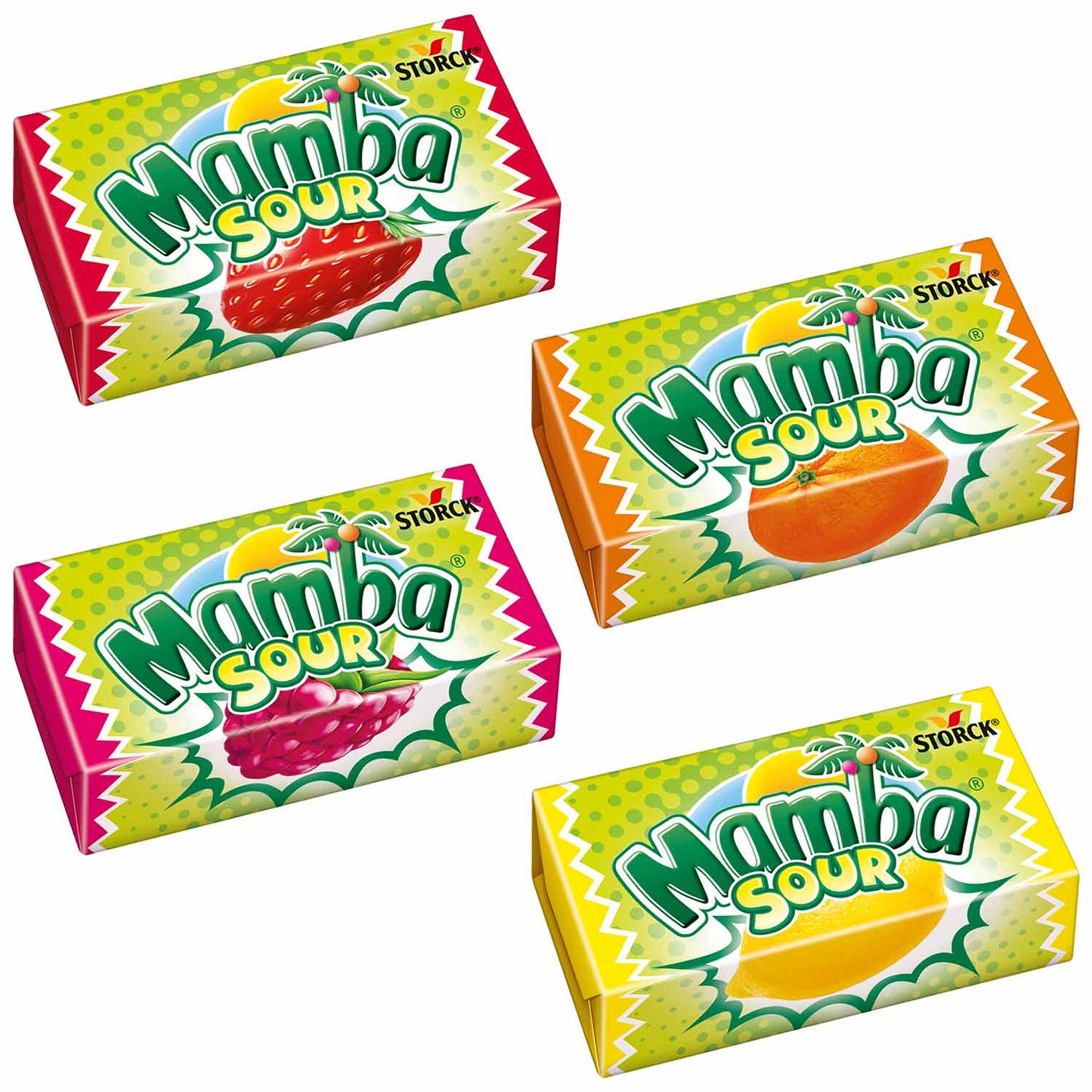 Mamba Sour 4x6er 4x6 Kaubonbons mit Erdbeer-, Himbeer-, Zitronen- und Orangen-Geschmack