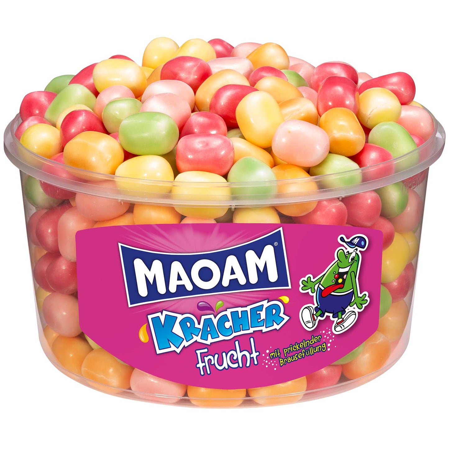 Maoam Kracher Frucht Bonbons in bunten Verpackungen mit sprudelndem Füllung.