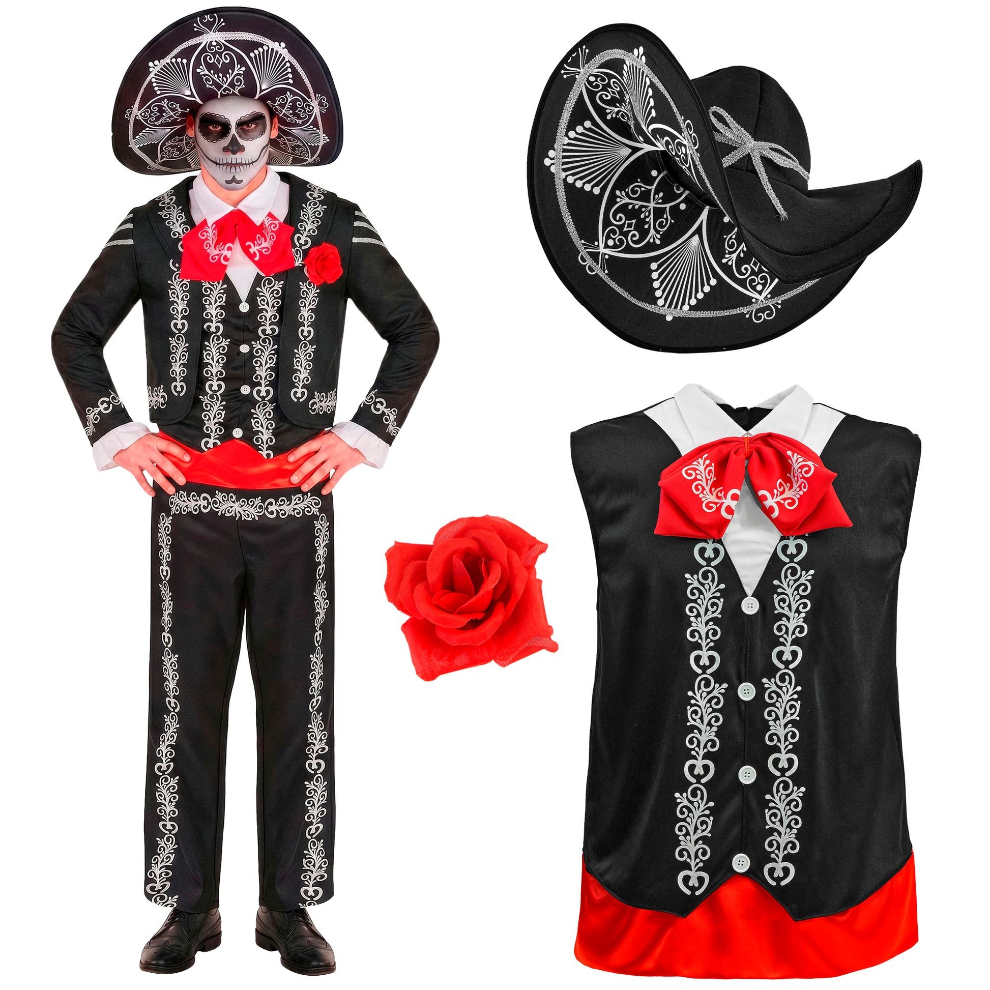 "MARIACHI DIA DE LOS MUERTOS" (Jacke, Hemd mit Weste und Fliege, Hose, Sombrero) – Detailansicht