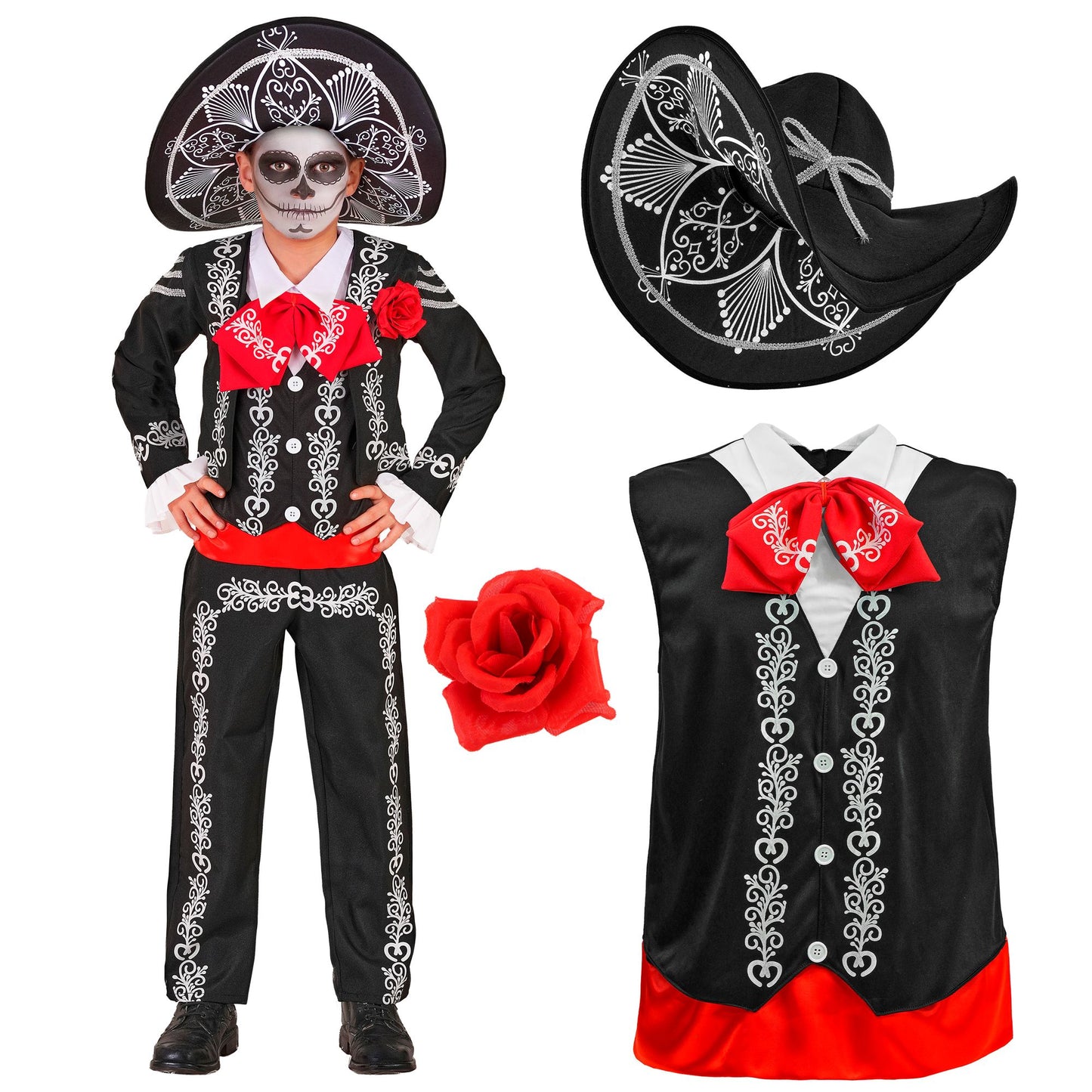 "MARIACHI DIA DE LOS MUERTOS" (Jacke, Hemd mit Weste und Fliege, Hose, Sombrero) – Detailansicht