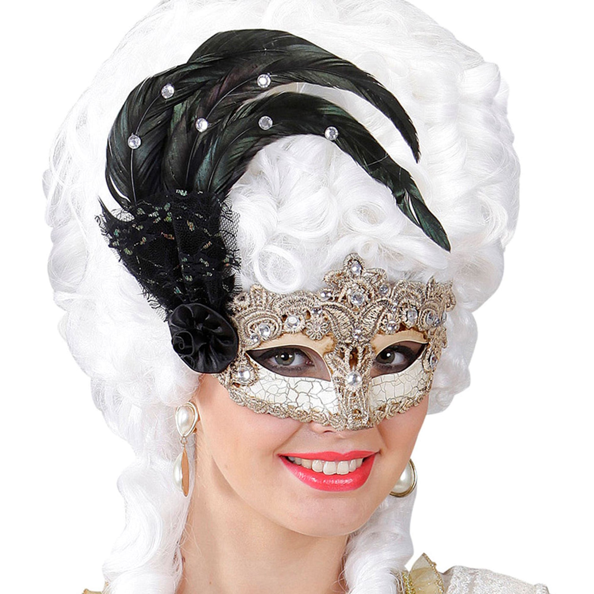 "MASKE GRAN GALA MAKRAMEE MIT FEDERN UND STRASS" – Detailansicht