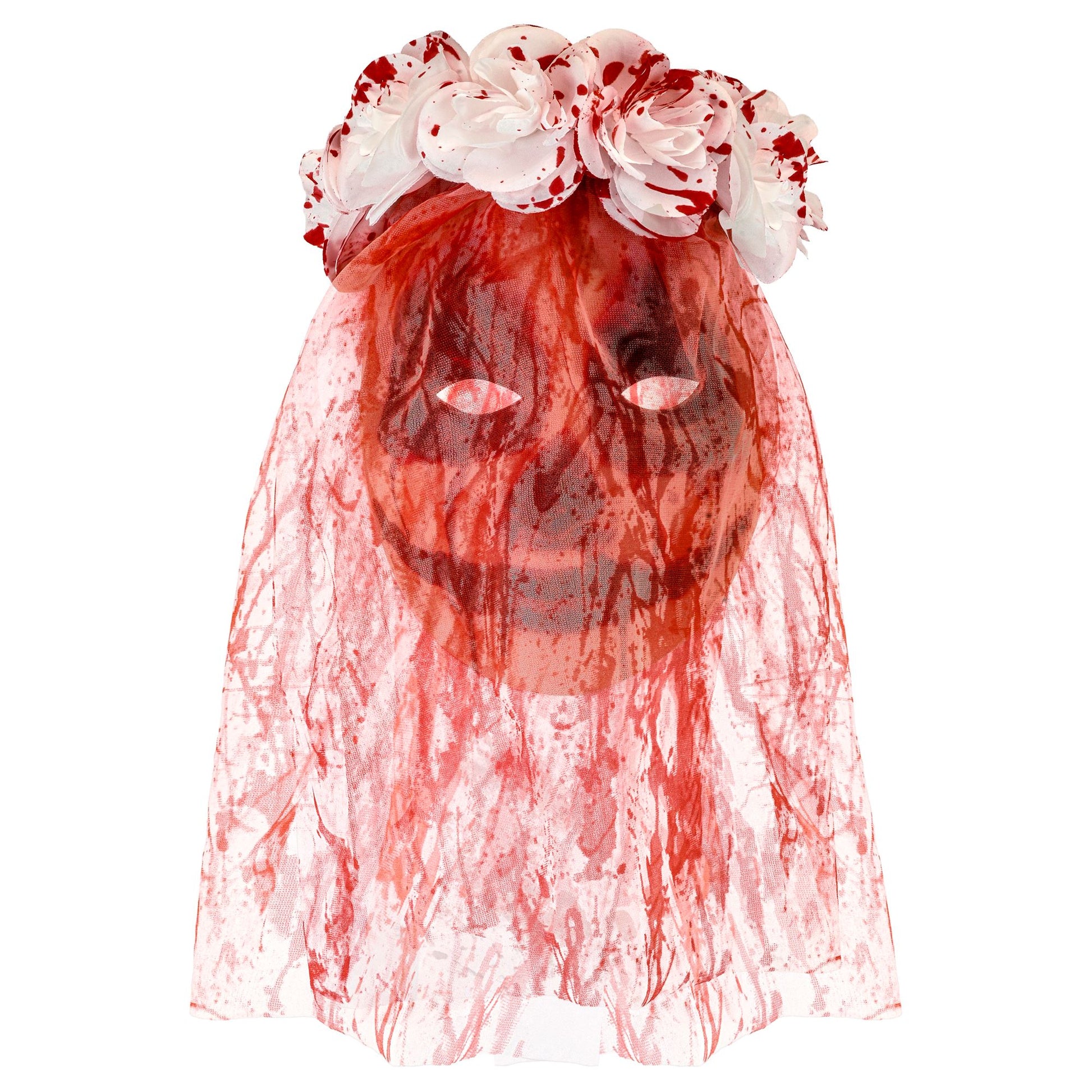 "MASKE MIT BLUTIGEM BRAUTSCHLEIDER UND BLUMEN" – Vorderansicht