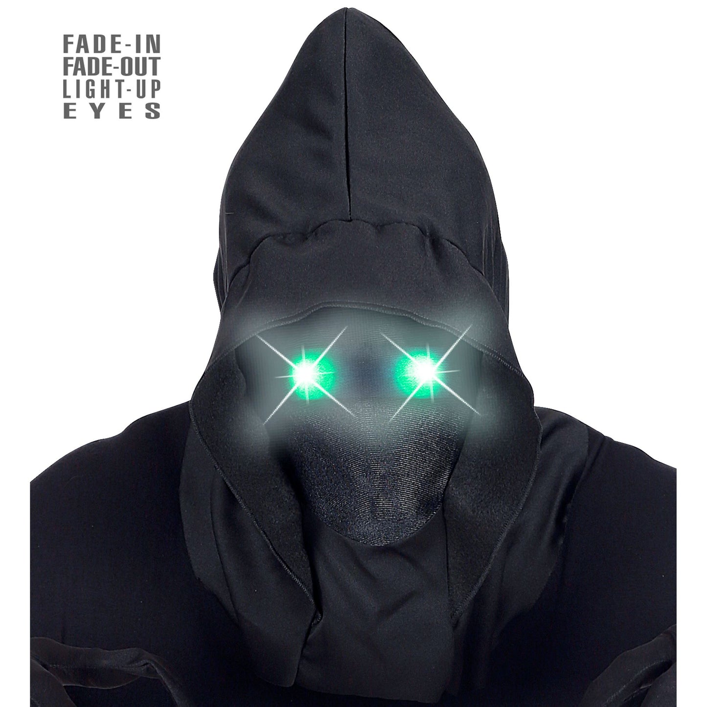 "MASKE UNSICHTBARES GESICHT MIT KAPUZE UND GRÜNEN LEUCHTENDEN AUGEN - FADE-IN-FADE OUT EFFEKT" – Vorderansicht