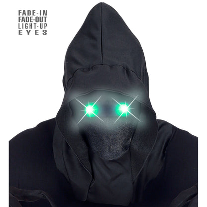 "MASKE UNSICHTBARES GESICHT MIT KAPUZE UND GRÜNEN LEUCHTENDEN AUGEN - FADE-IN-FADE OUT EFFEKT" – Vorderansicht