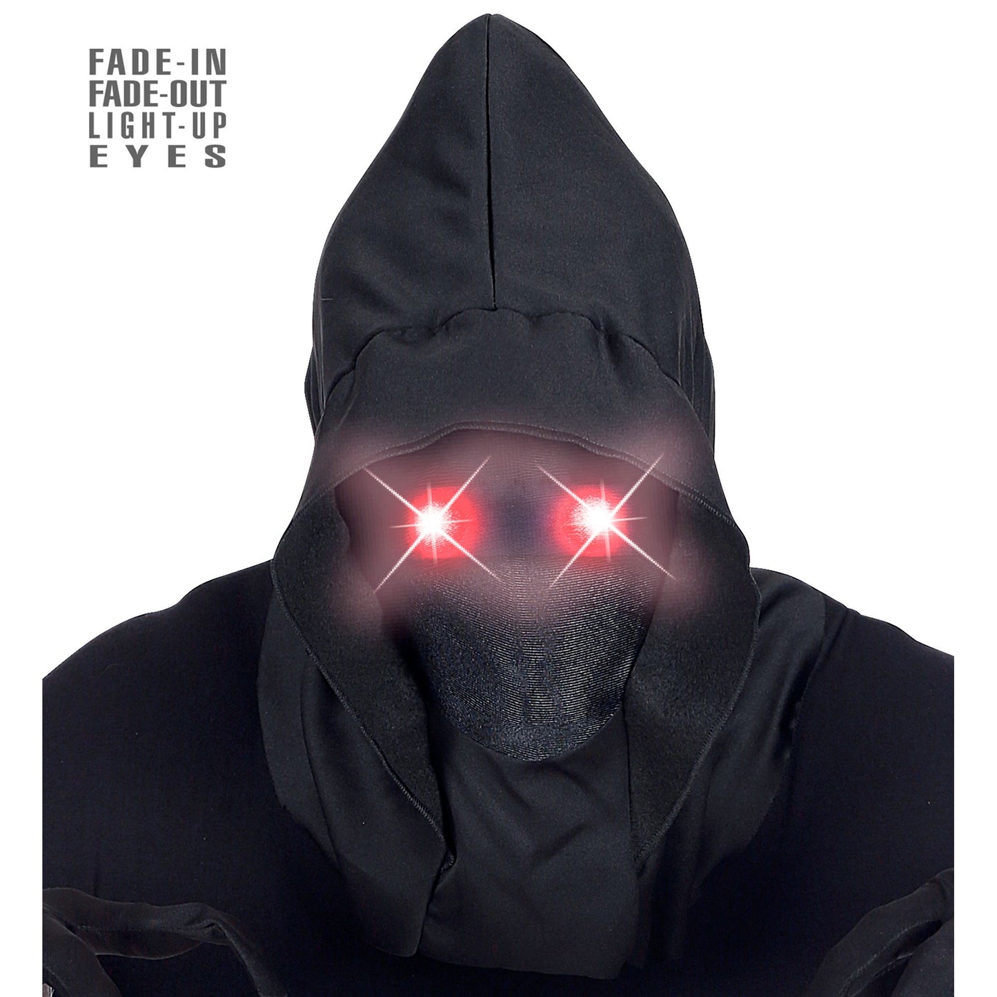"MASKE UNSICHTBARES GESICHT MIT KAPUZE UND ROTEN LEUCHTENDEN AUGEN - FADE-IN-FADE OUT EFFEKT" – Vorderansicht