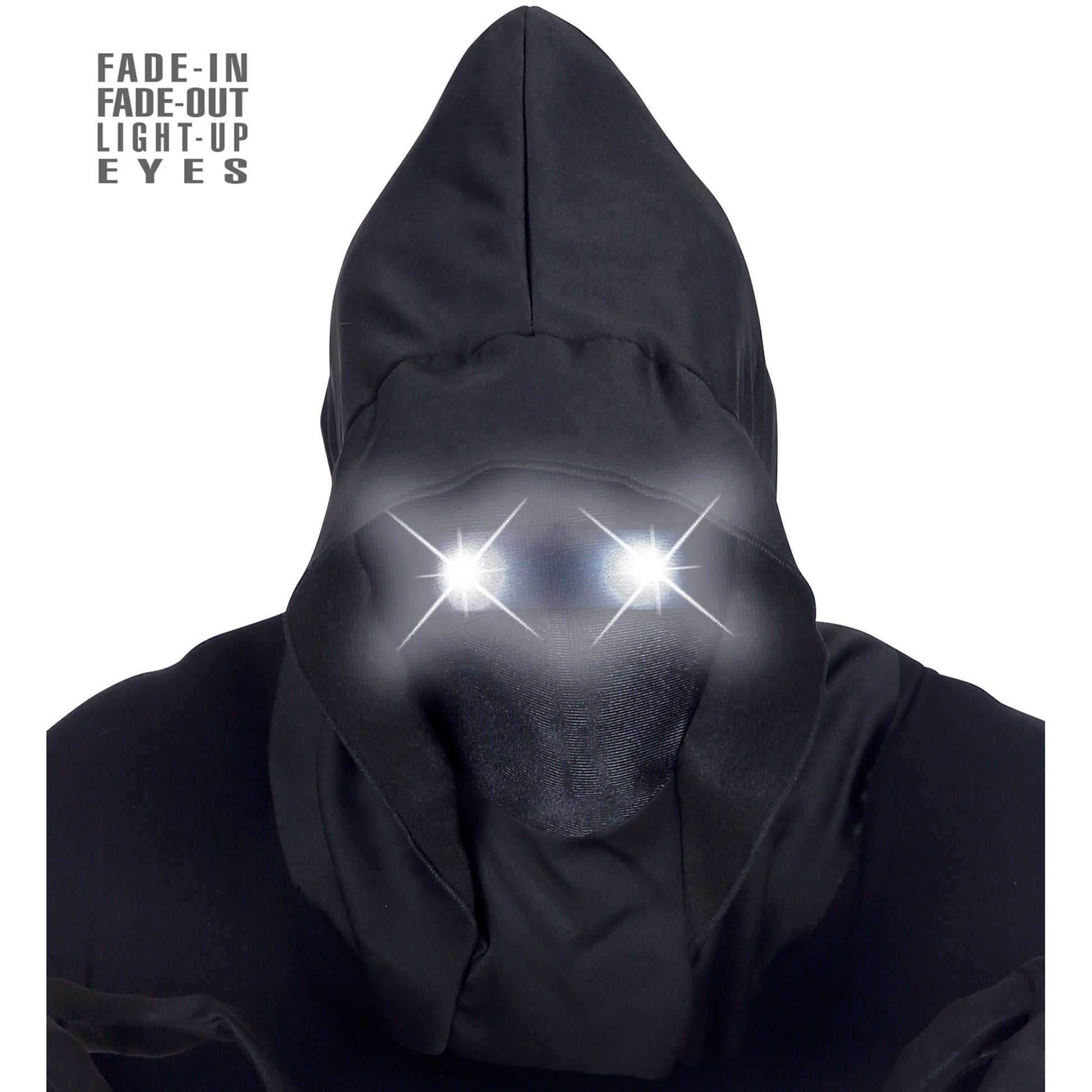 "MASKE UNSICHTBARES GESICHT MIT KAPUZE UND WEIßEN LEUCHTENDEN AUGEN - FADE-IN-FADE OUT EFFEKT" – Vorderansicht