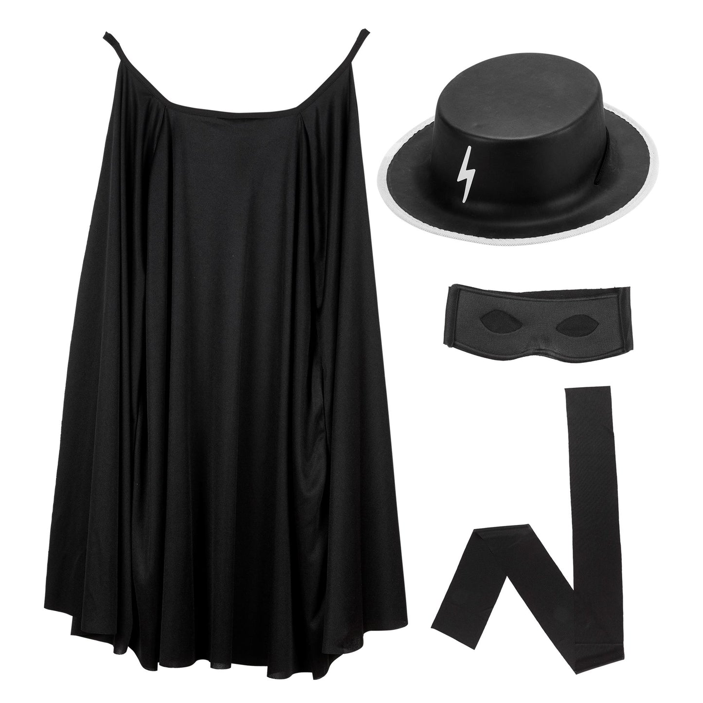 "MASKIERTER BANDIT" Dress- Up- Set (Umhang, Hut, Maske, Bauchbinde) – Vorderansicht
