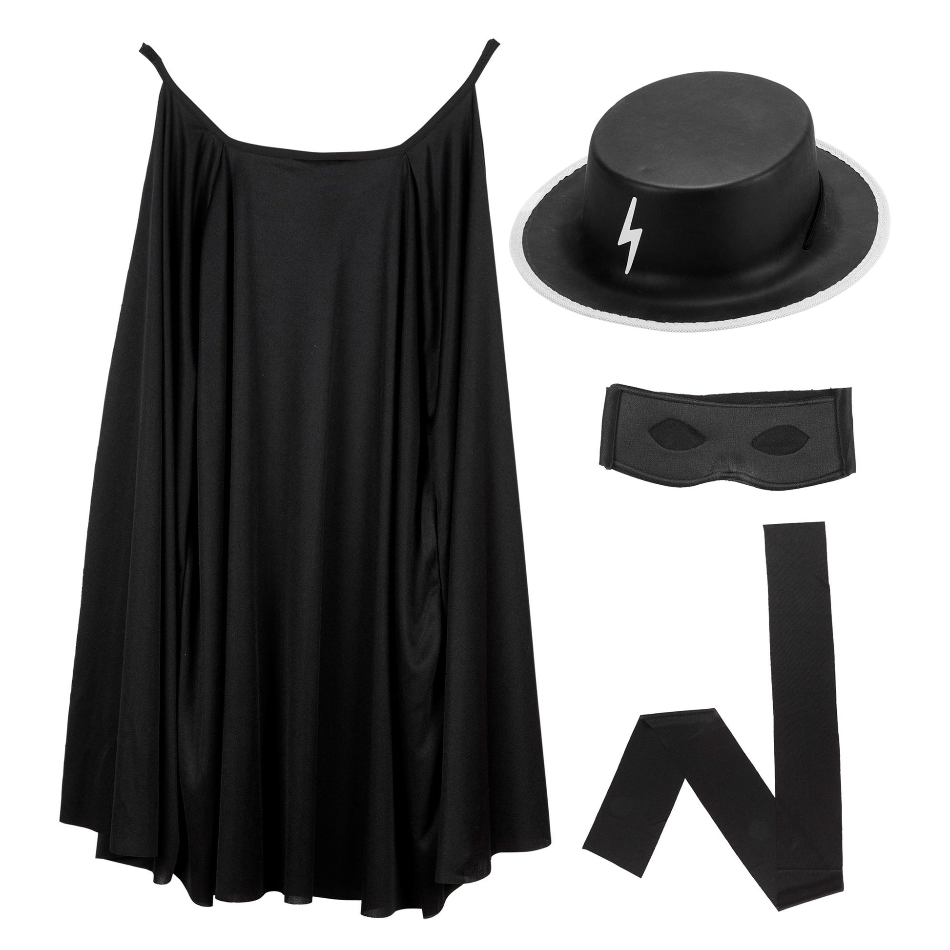"MASKIERTER BANDIT" Dress- Up- Set (Umhang, Hut, Maske, Bauchbinde) – Vorderansicht