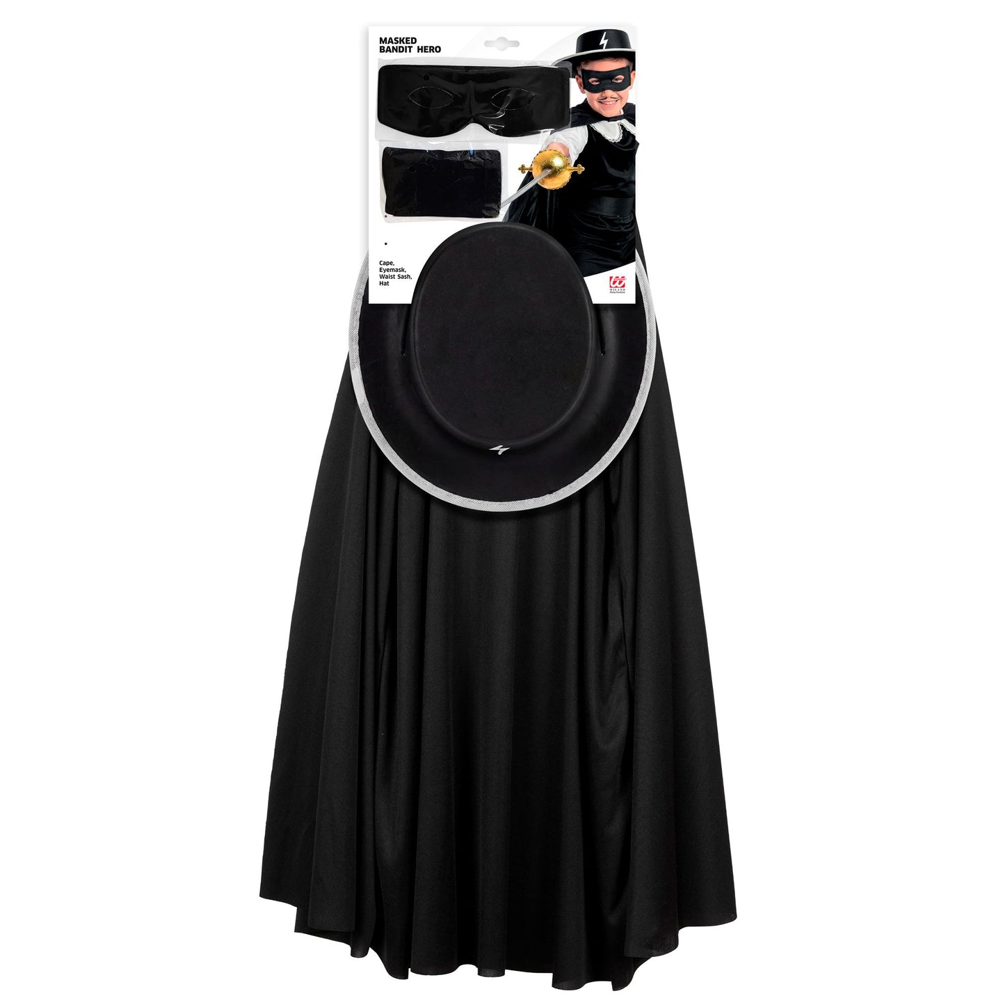 "MASKIERTER BANDIT" Dress- Up- Set (Umhang, Hut, Maske, Bauchbinde) – Detailansicht