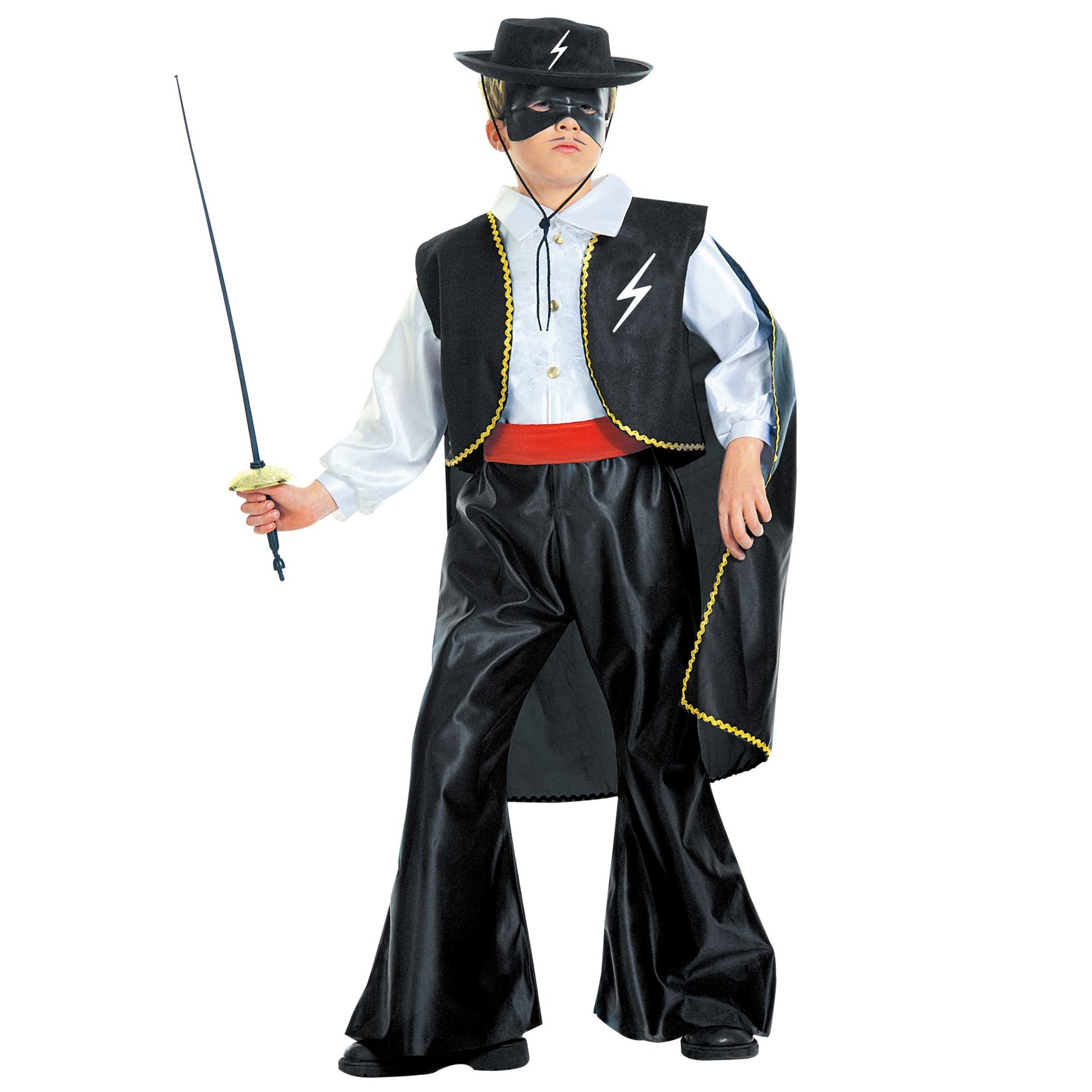 "MASKIERTER BANDIT" (Kostüm mit Weste, Gürtel, Umhang, Maske) – Vorderansicht