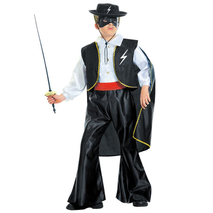 "MASKIERTER BANDIT" (Kostüm mit Weste, Gürtel, Umhang, Maske) – Vorderansicht