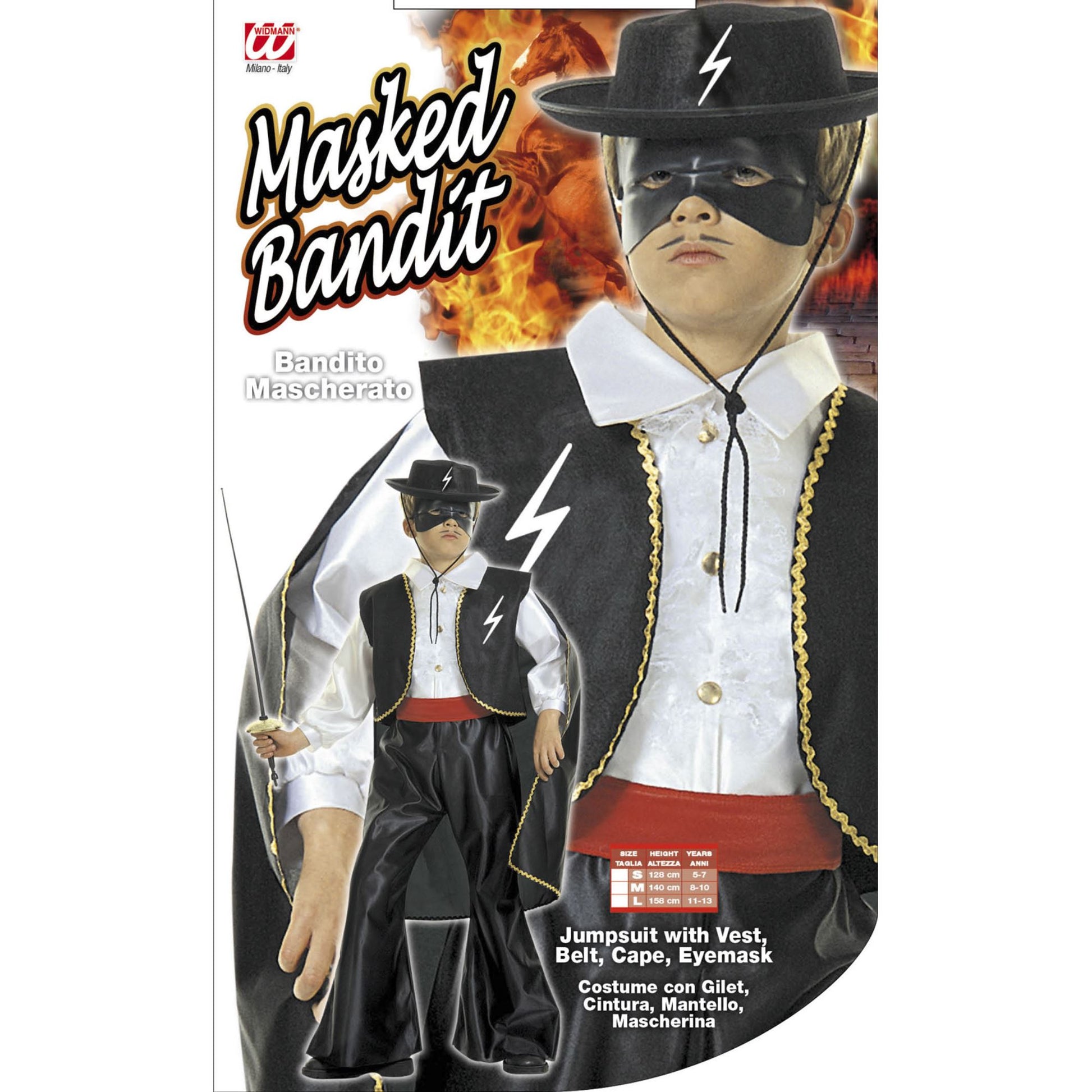 "MASKIERTER BANDIT" (Kostüm mit Weste, Gürtel, Umhang, Maske) – Detailansicht