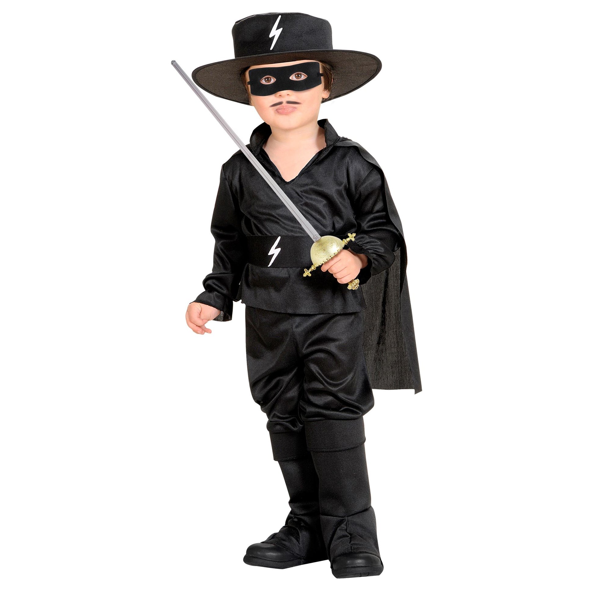 "MASKIERTER HELD BANDIT" (Hemd mit Umhang, Hose mit Überstiefel, Gürtel, Hut, Maske) – Vorderansicht