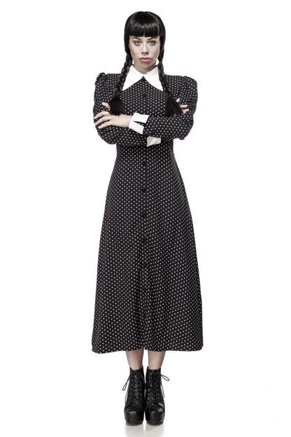 Maskparadise Wednesday Kostüm – Schwarzes Polka Dot Maxi Kleid – Produktansicht