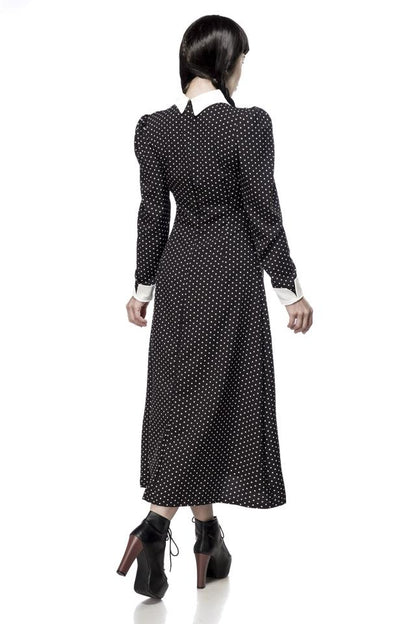Maskparadise Wednesday Kostüm – Schwarzes Polka Dot Maxi Kleid – Detailansicht