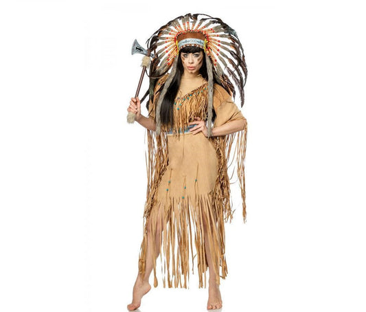 Maskparadise Native American Indianerin Damen Kostüm – Velours Kleid & Federkopfschmuck - Fasnacht24.ch