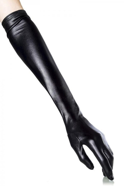 Wetlook Lange Schwarze Handschuhe – Maskparadise Hochglanz Stretch – Produktansicht