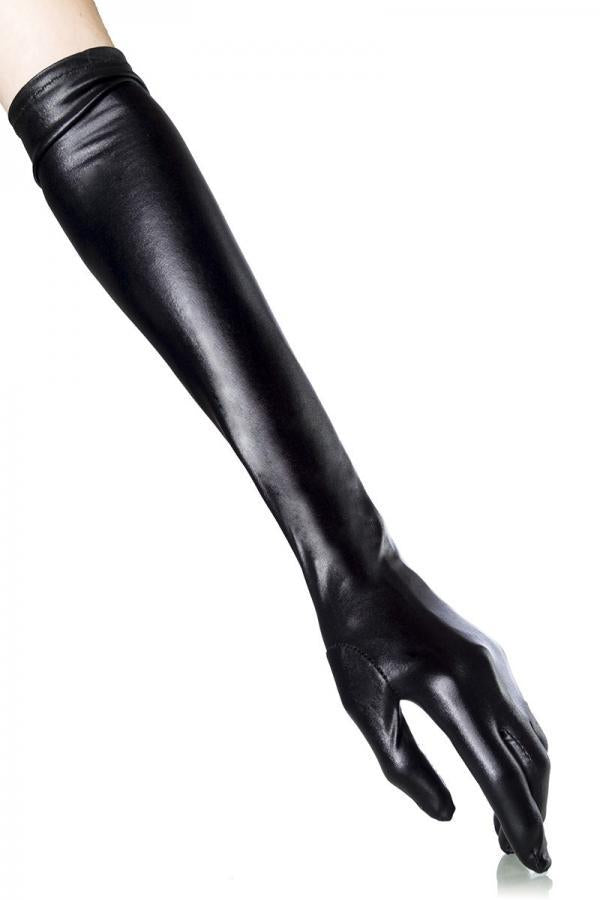 Wetlook Lange Schwarze Handschuhe – Maskparadise Hochglanz Stretch – Produktansicht