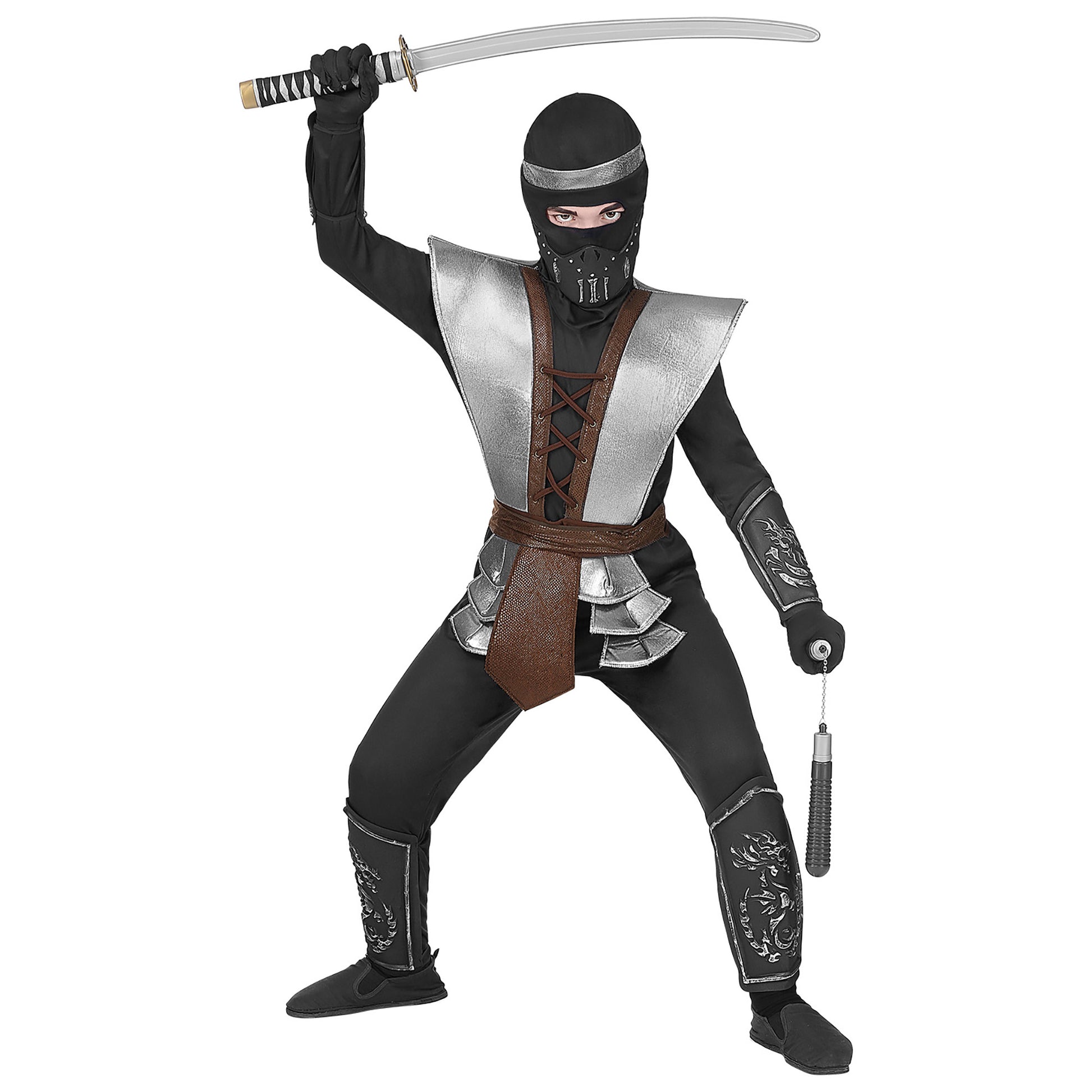 "MASTER NINJA" (Oberteil, Hose, Waffenrock, Gürtel, Armschoner, Beinschoner, Maske) – Vorderansicht