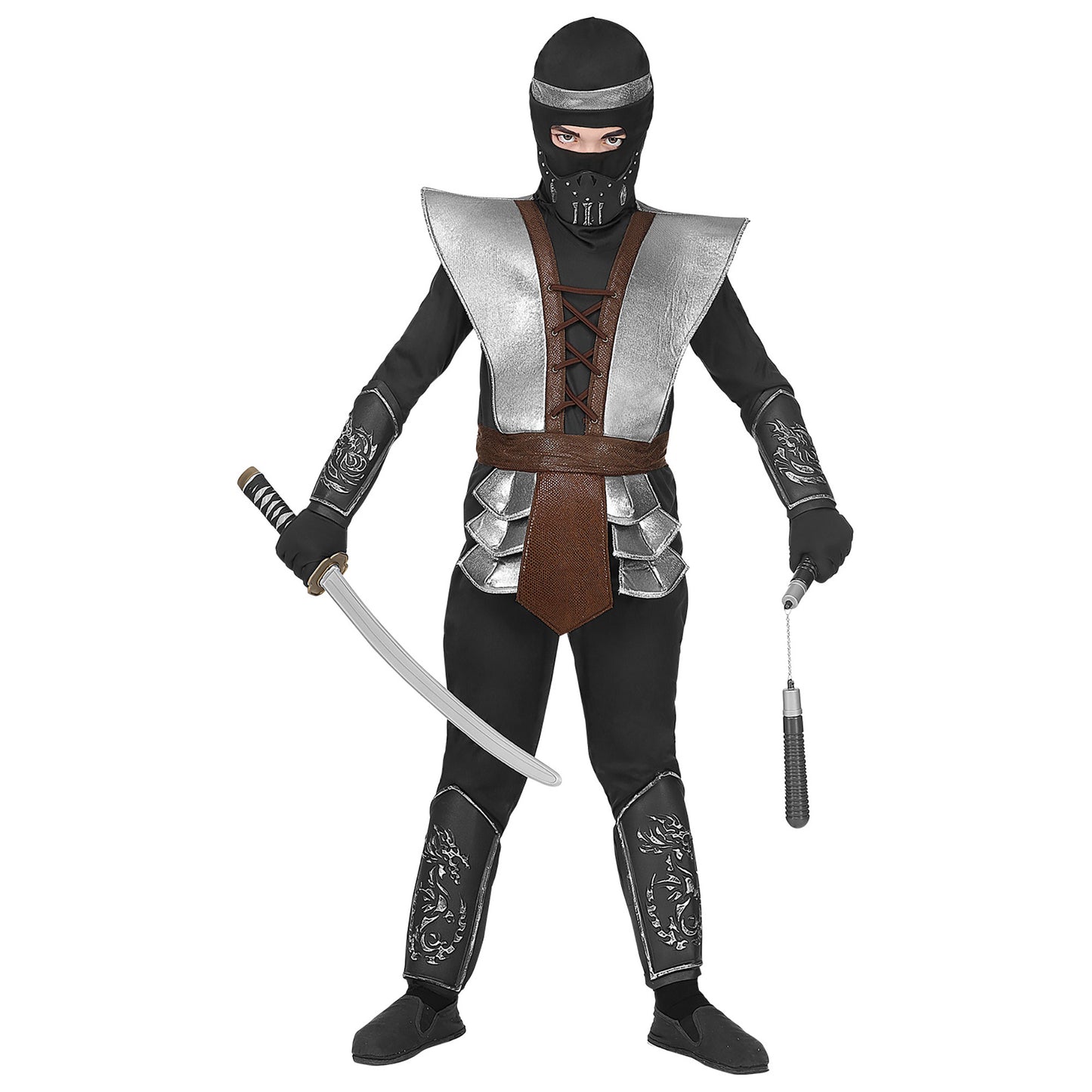 "MASTER NINJA" (Oberteil, Hose, Waffenrock, Gürtel, Armschoner, Beinschoner, Maske) – Detailansicht