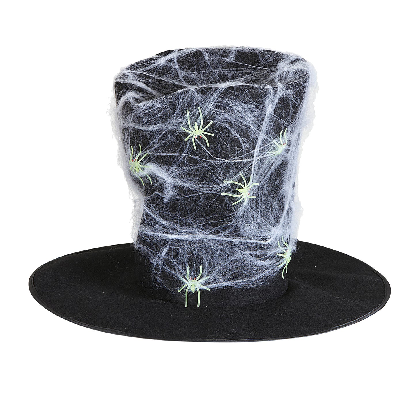 "MAXI ZYLINDERHUT MIT SPINNENWEBEN & SPINNEN GLOW-IN-THE-DARK" 30 cm – Vorderansicht