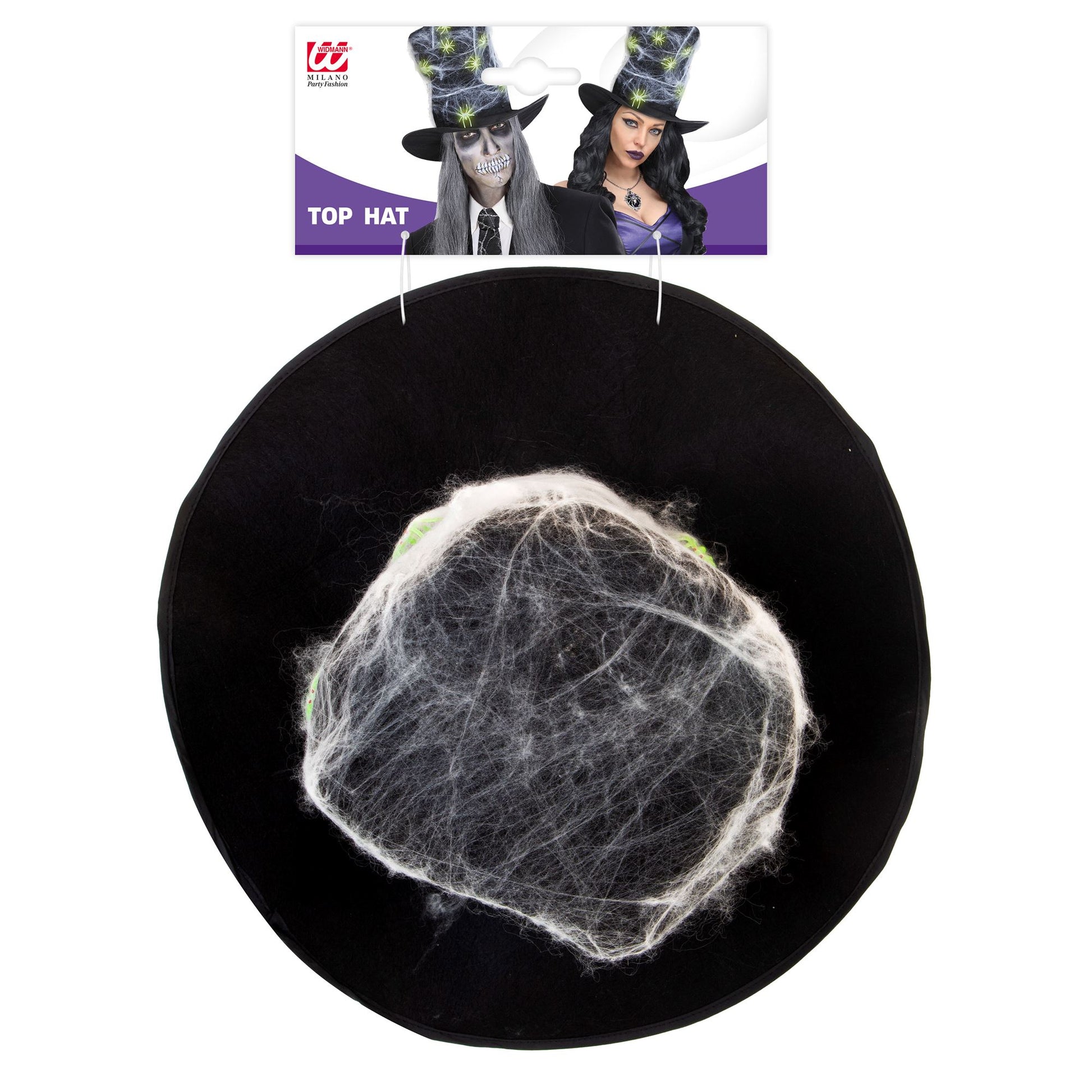 "MAXI ZYLINDERHUT MIT SPINNENWEBEN & SPINNEN GLOW-IN-THE-DARK" 30 cm – Detailansicht