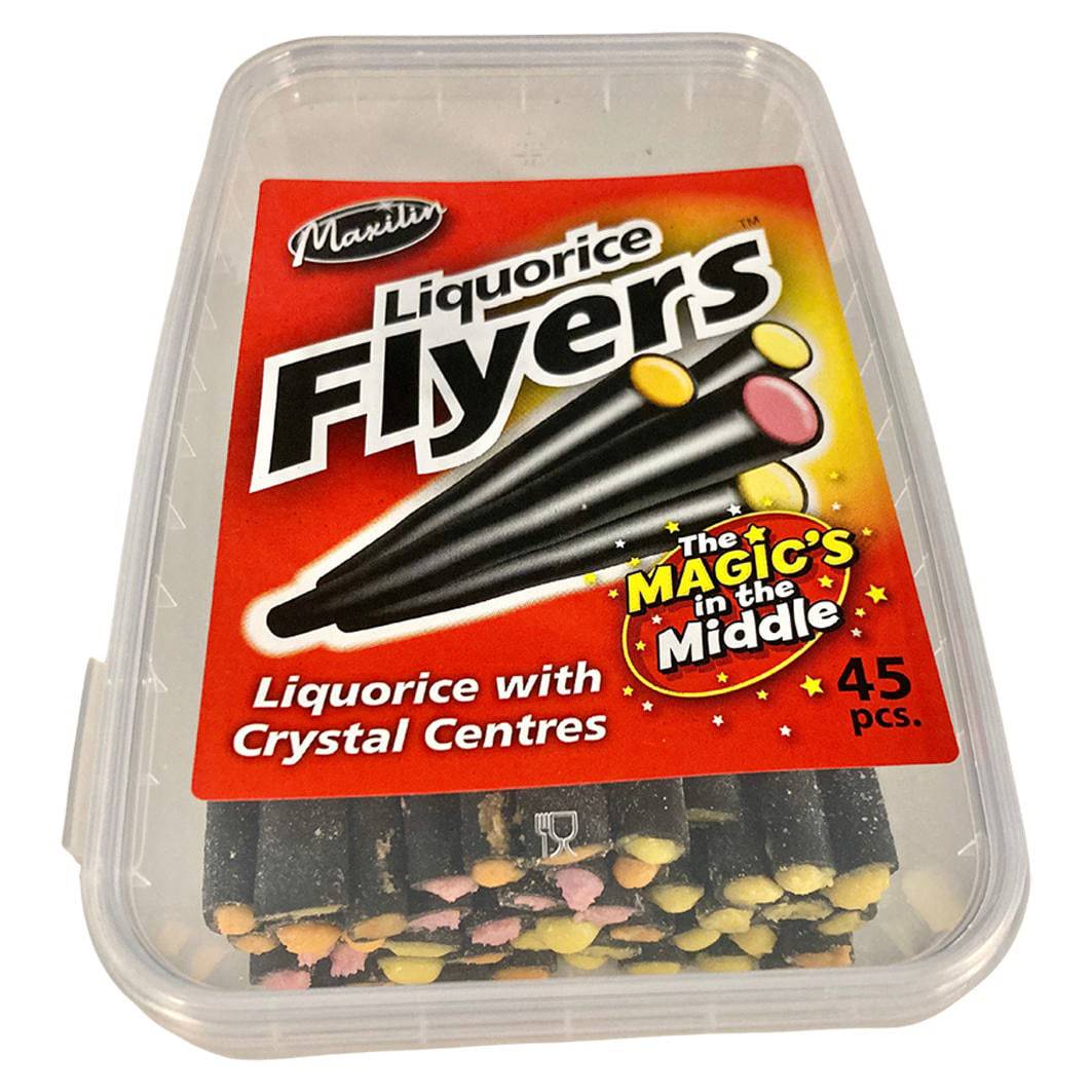 Package of 45 Maxilin Giant Flyers chewy black liquorice sticks with fruity glucose centres.