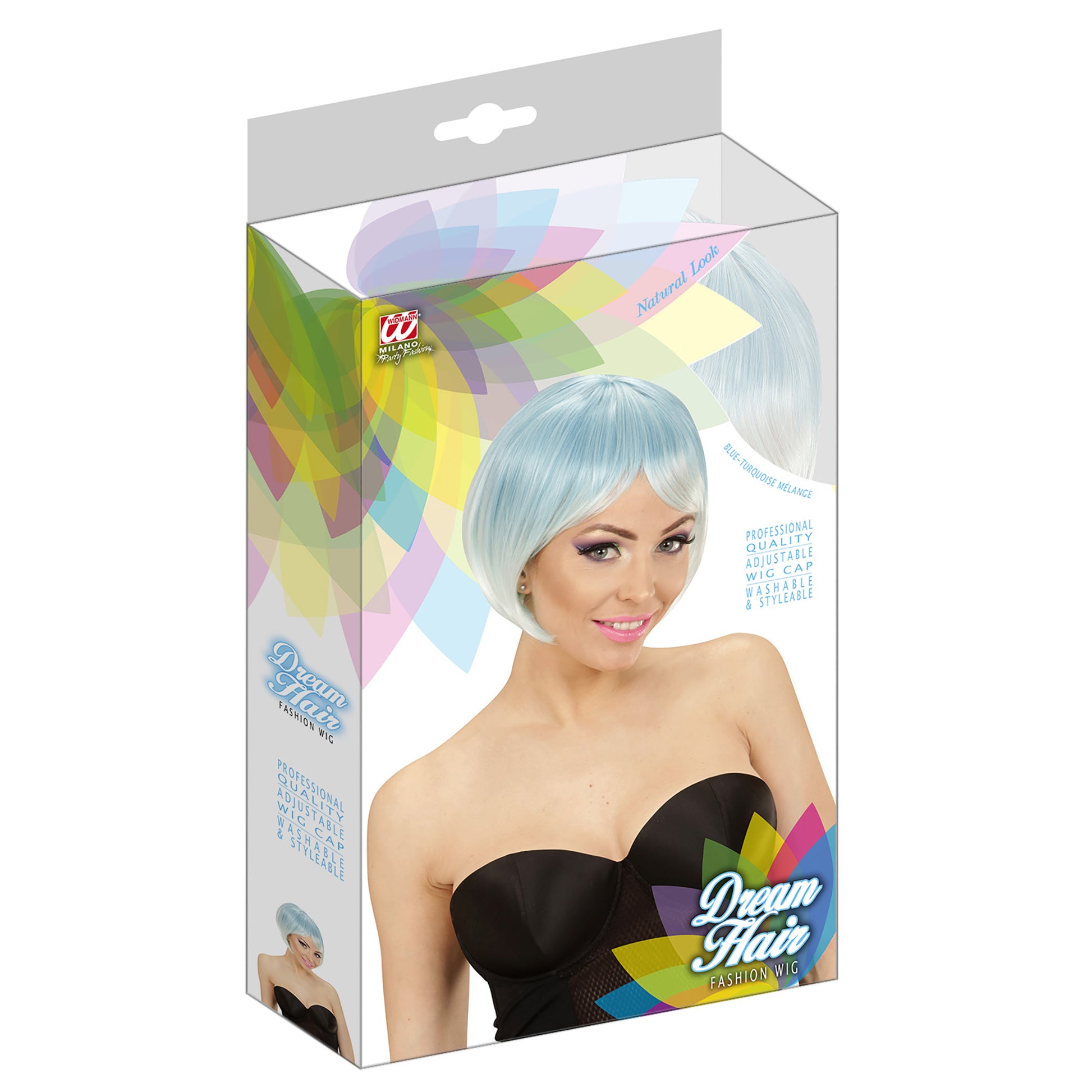 "MELANGE FASHION PERÜCKE BLAU-TÜRKIS" in farbiger Box – Detailansicht