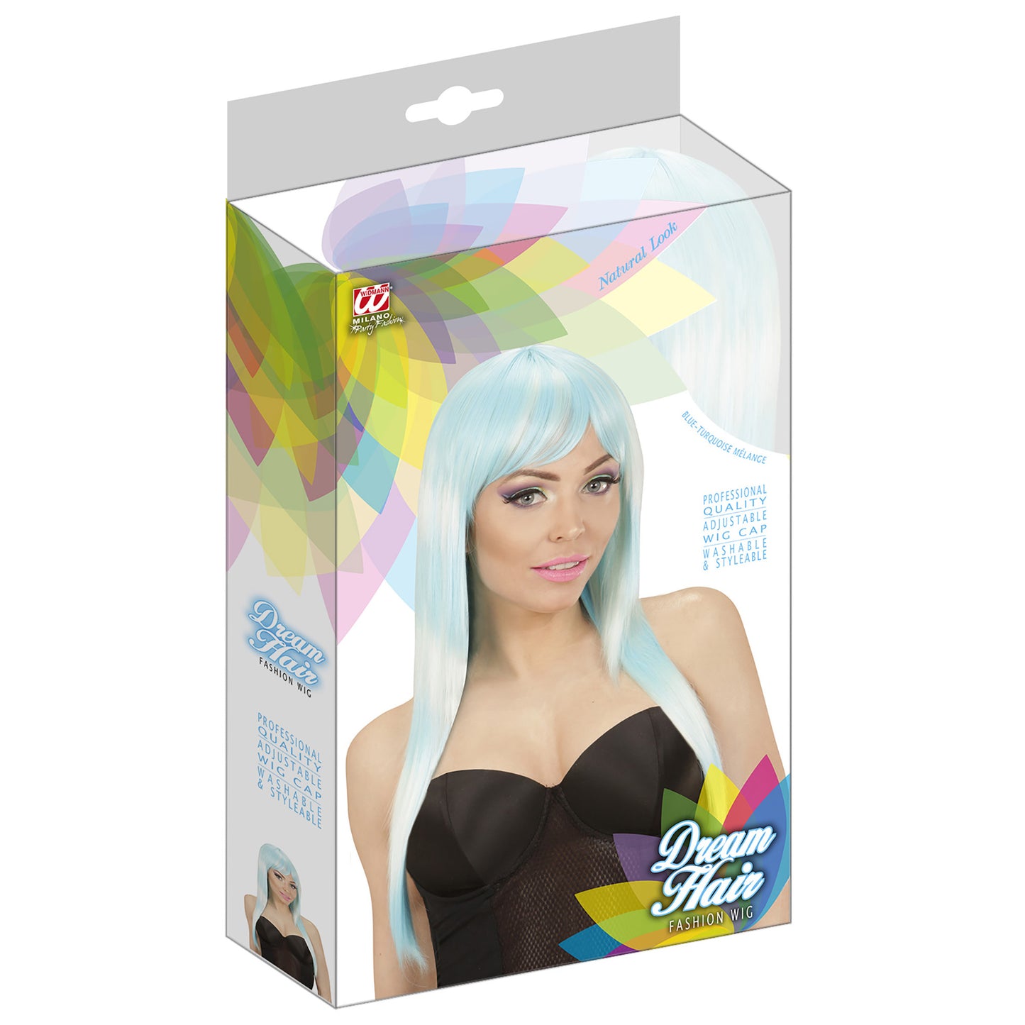 "MELANGE FASHION PERÜCKE BLAU-TÜRKIS" in farbiger Box – Detailansicht