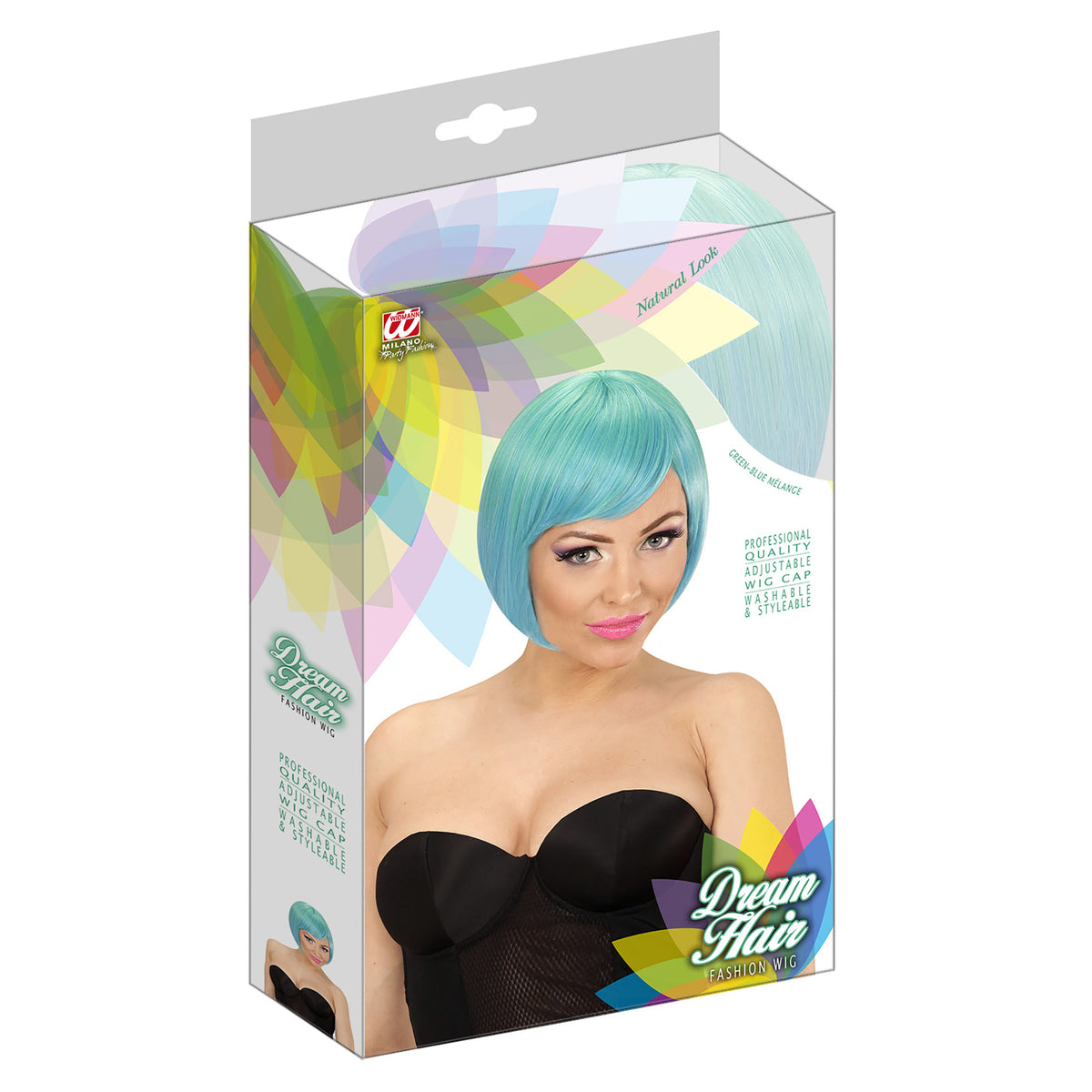 "MELANGE FASHION PERÜCKE GRÜN-BLAU" in farbiger Box – Detailansicht