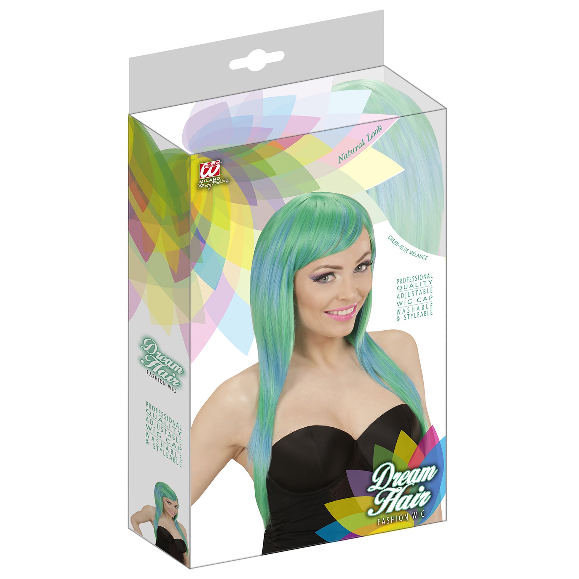 "MELANGE FASHION PERÜCKE GRÜN-BLAU" in farbiger Box – Detailansicht