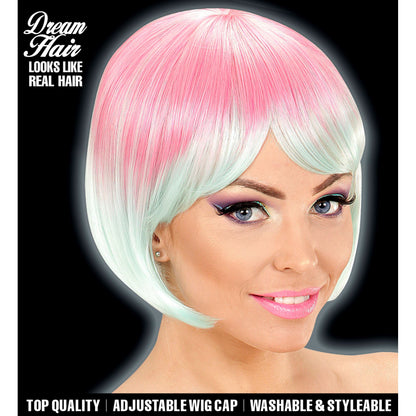 "MELANGE FASHION PERÜCKE PINK-TÜRKIS" in farbiger Box – Vorderansicht