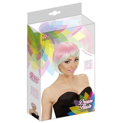 "MELANGE FASHION PERÜCKE PINK-TÜRKIS" in farbiger Box – Detailansicht