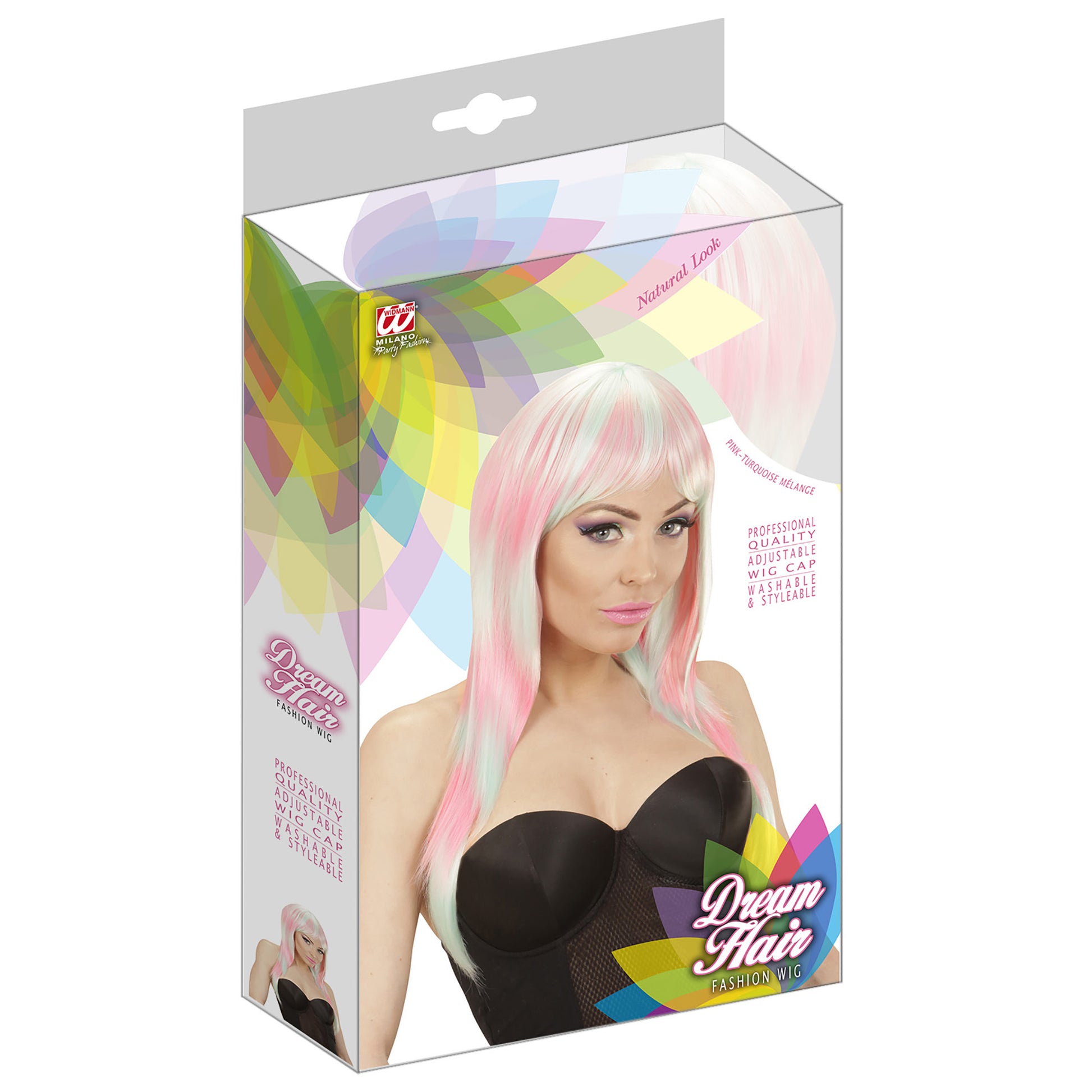 "MELANGE FASHION PERÜCKE ROSA-TÜRKIS" in farbiger Box – Detailansicht