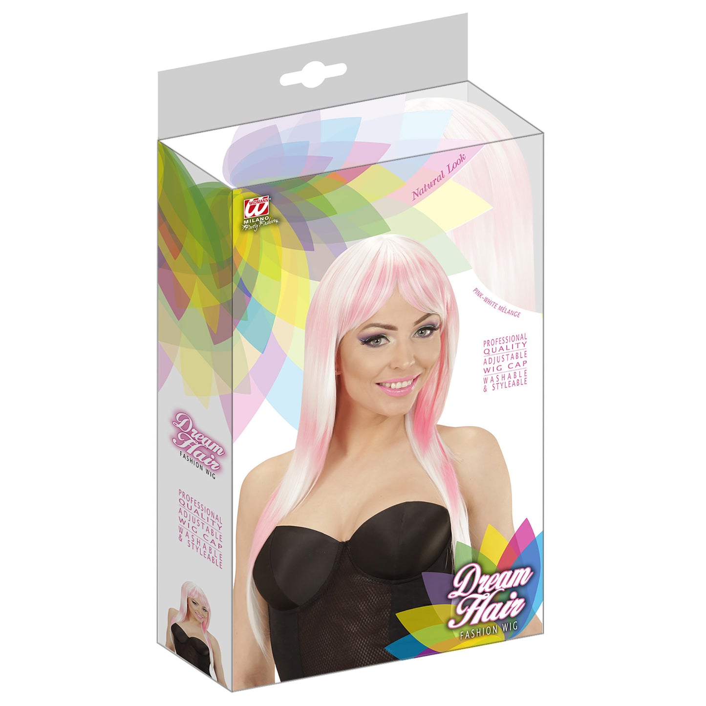 "MELANGE FASHION PERÜCKE ROSA-WEIß" in farbiger Box – Detailansicht