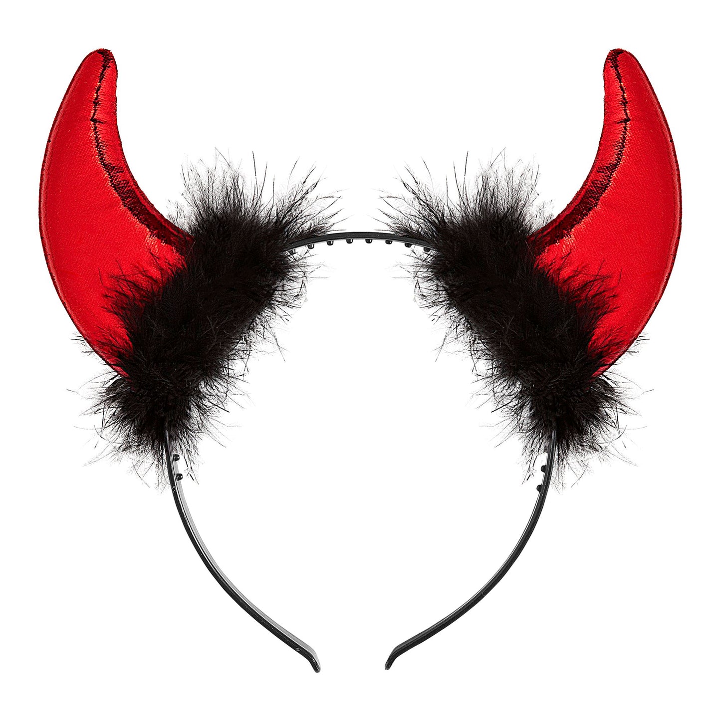 "METALLIC-ROTE HÖRNER MIT VERZIERUNG AUS MARABOU UND LAMETTA-FÄDEN" – Vorderansicht