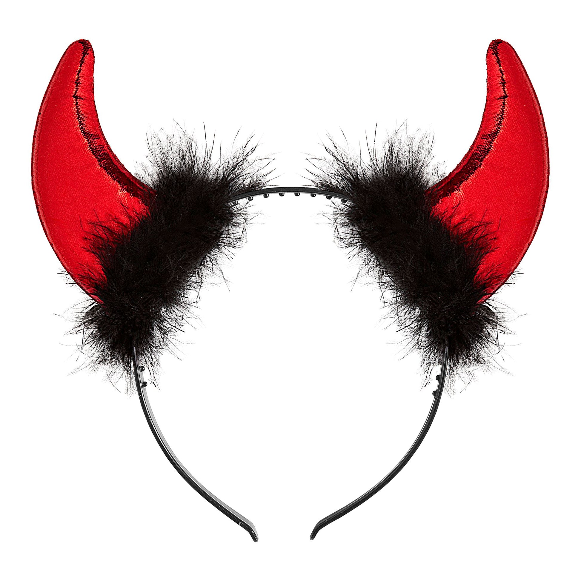 "METALLIC-ROTE HÖRNER MIT VERZIERUNG AUS MARABOU UND LAMETTA-FÄDEN" – Vorderansicht