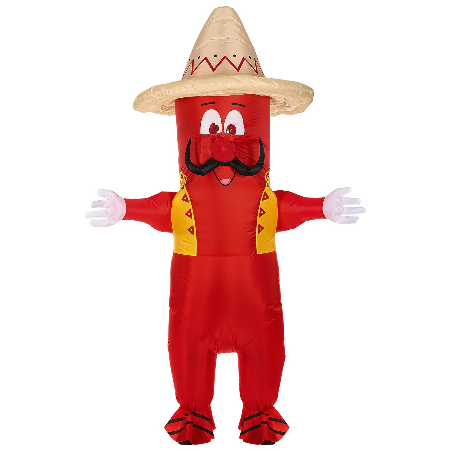 "MEXIKANISCHE CHILI" (aufblasbares Kostüm m. integriertem Gebläse & Maske mit Sombrero) – Vorderansicht