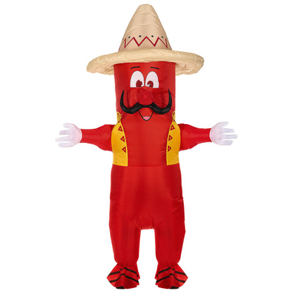 "MEXIKANISCHE CHILI" (aufblasbares Kostüm m. integriertem Gebläse & Maske mit Sombrero) – Vorderansicht